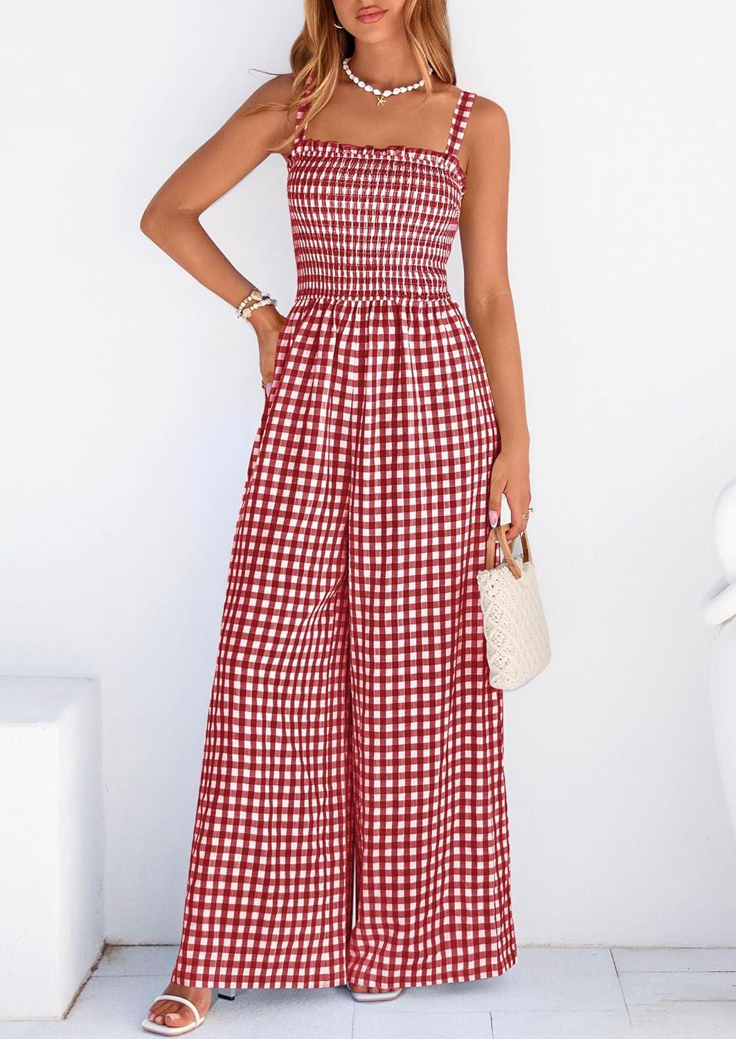 imagePRETTYGARDEN One Piece Jumpsuits for Women 2026 Summer Sleeveless Smocked Gingham Wide Leg Date Night Rompers Spring OutfitsBurgundy