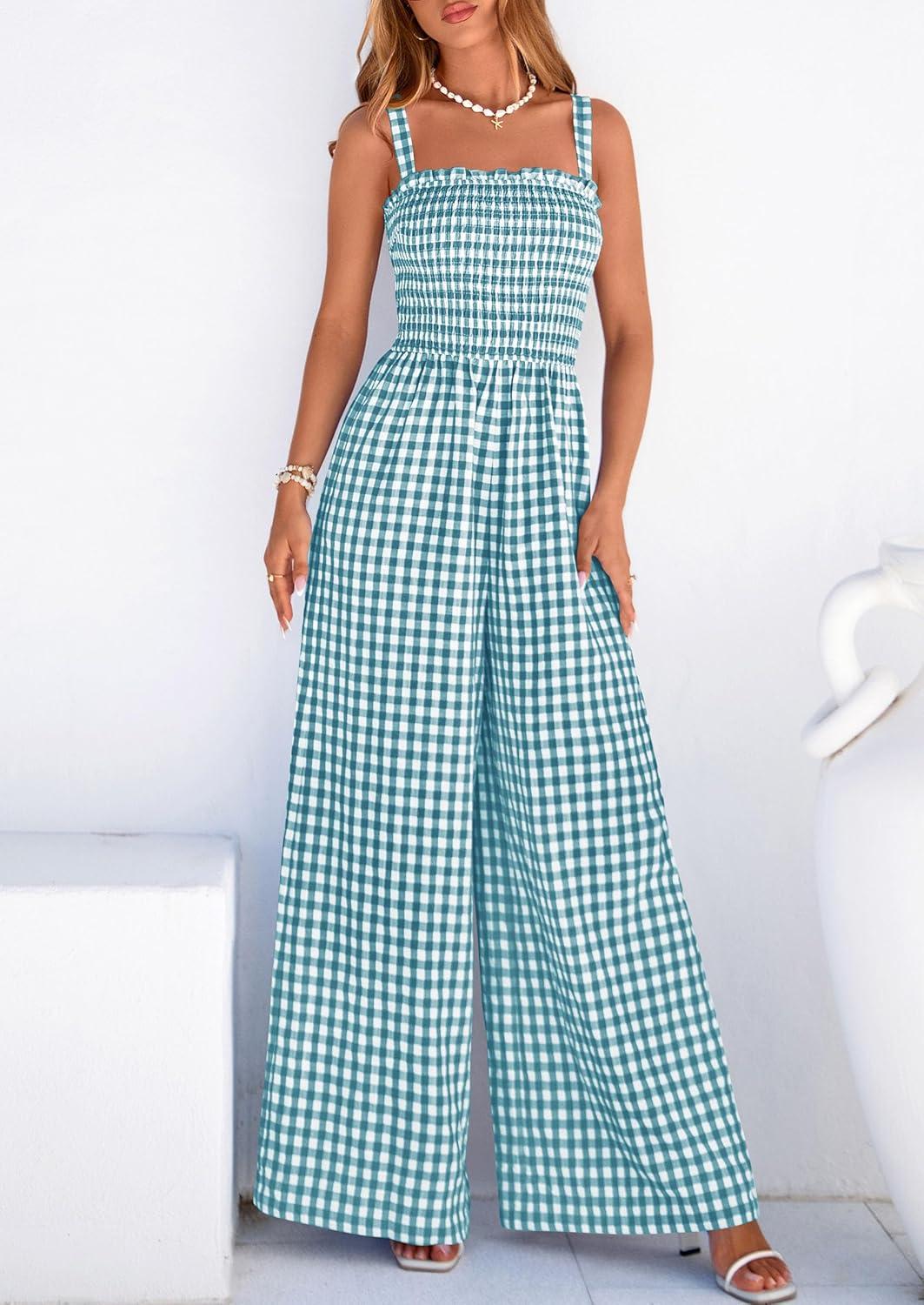 imagePRETTYGARDEN One Piece Jumpsuits for Women 2026 Summer Sleeveless Smocked Gingham Wide Leg Date Night Rompers Spring OutfitsDusty Blue