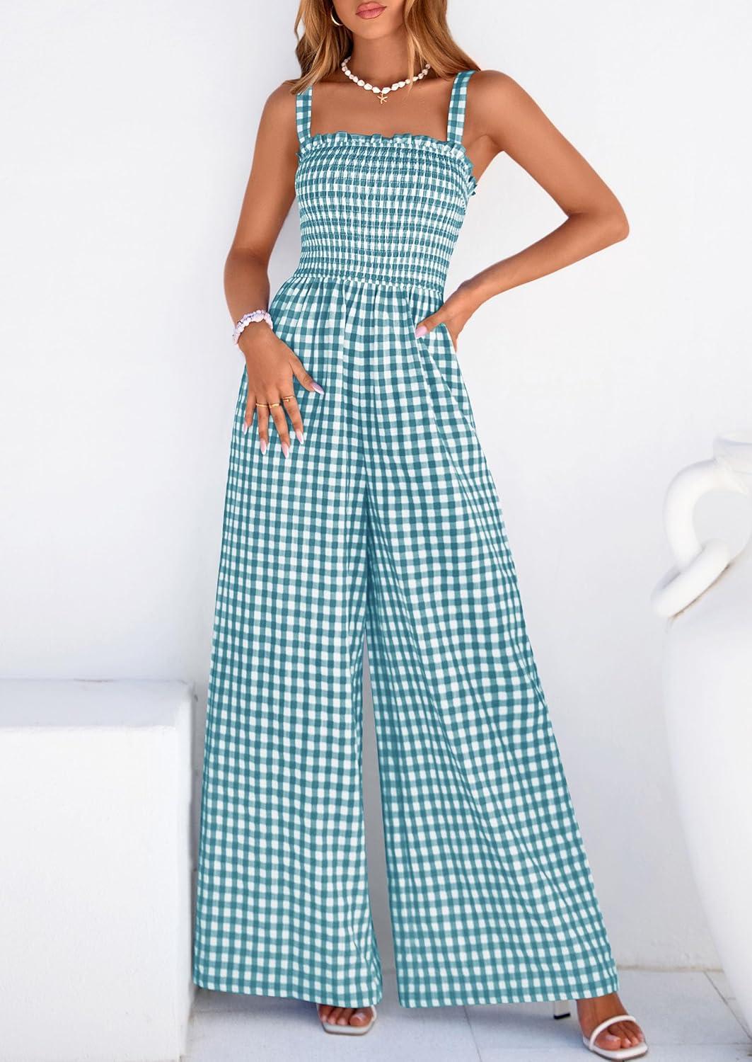 imagePRETTYGARDEN One Piece Jumpsuits for Women 2026 Summer Sleeveless Smocked Gingham Wide Leg Date Night Rompers Spring OutfitsDusty Blue
