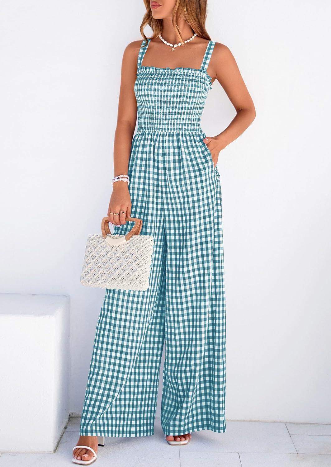 imagePRETTYGARDEN One Piece Jumpsuits for Women 2026 Summer Sleeveless Smocked Gingham Wide Leg Date Night Rompers Spring OutfitsDusty Blue