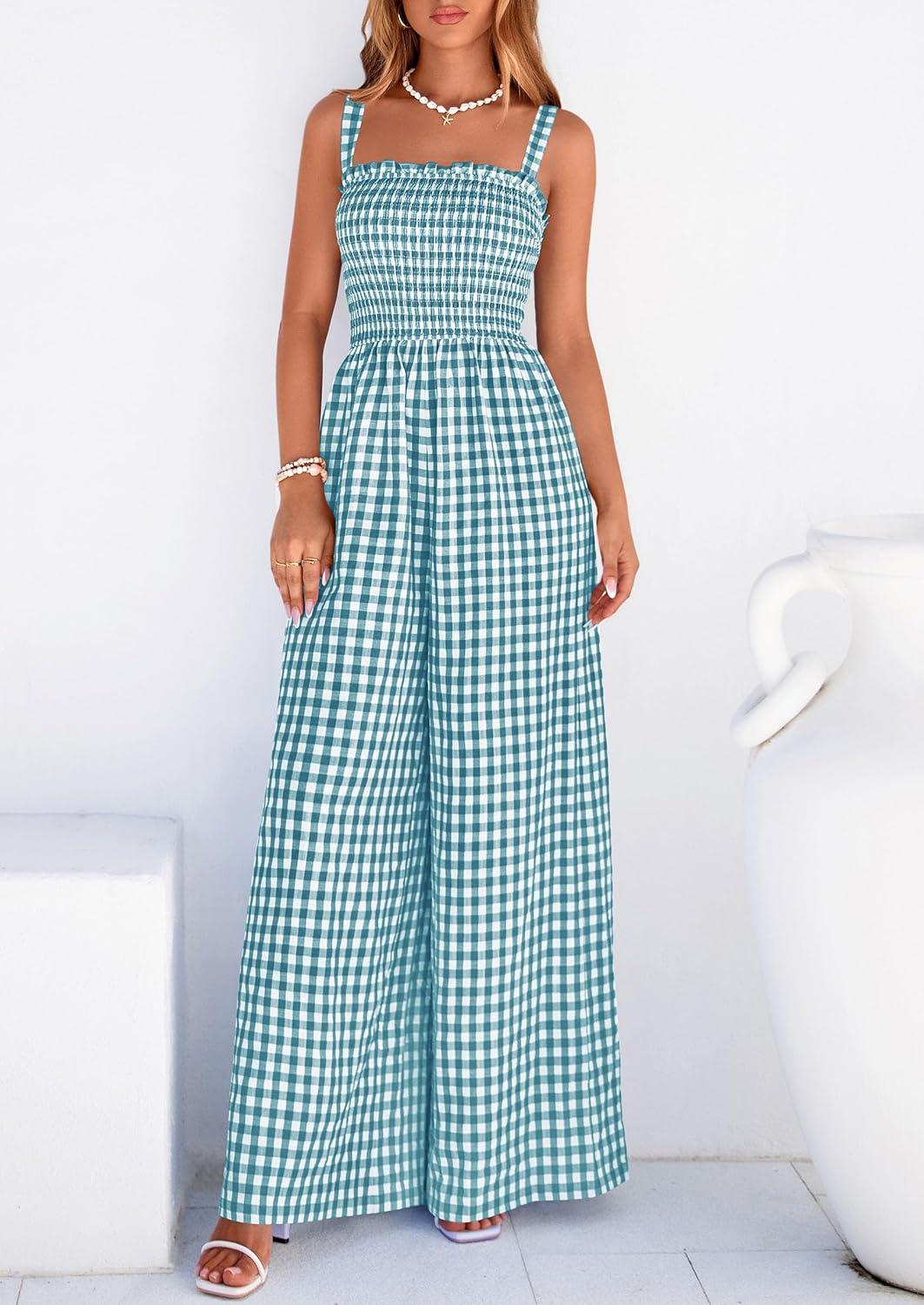 imagePRETTYGARDEN One Piece Jumpsuits for Women 2026 Summer Sleeveless Smocked Gingham Wide Leg Date Night Rompers Spring OutfitsDusty Blue