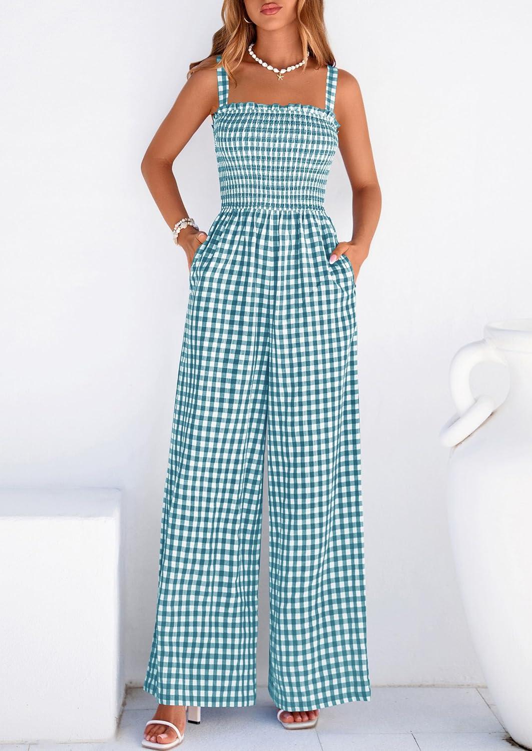 imagePRETTYGARDEN One Piece Jumpsuits for Women 2026 Summer Sleeveless Smocked Gingham Wide Leg Date Night Rompers Spring OutfitsDusty Blue