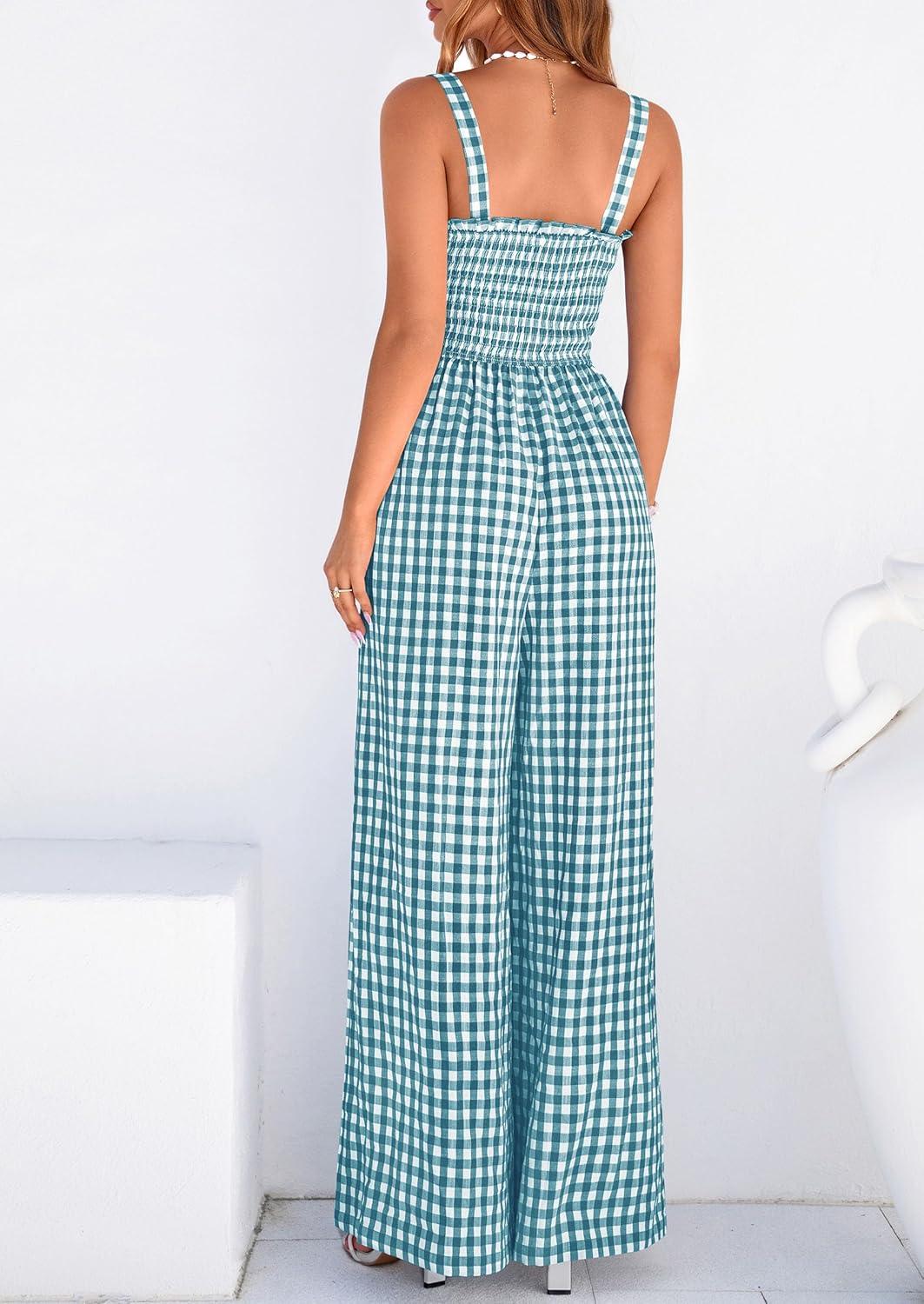 imagePRETTYGARDEN One Piece Jumpsuits for Women 2026 Summer Sleeveless Smocked Gingham Wide Leg Date Night Rompers Spring OutfitsDusty Blue