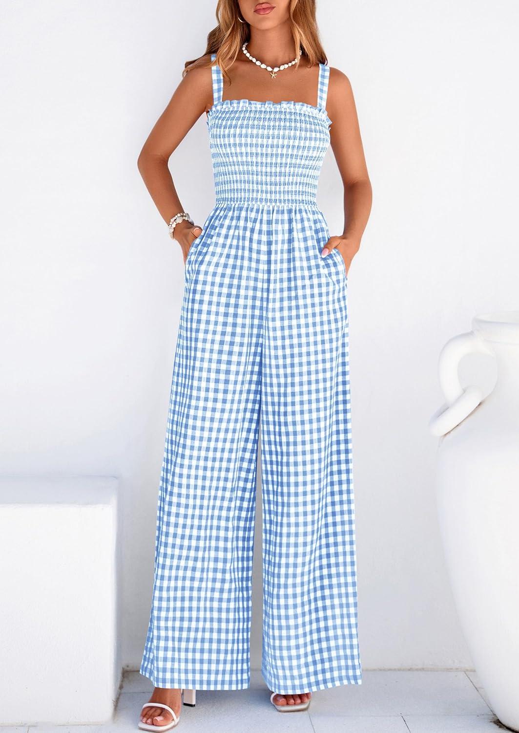 imagePRETTYGARDEN One Piece Jumpsuits for Women 2026 Summer Sleeveless Smocked Gingham Wide Leg Date Night Rompers Spring OutfitsLight Blue