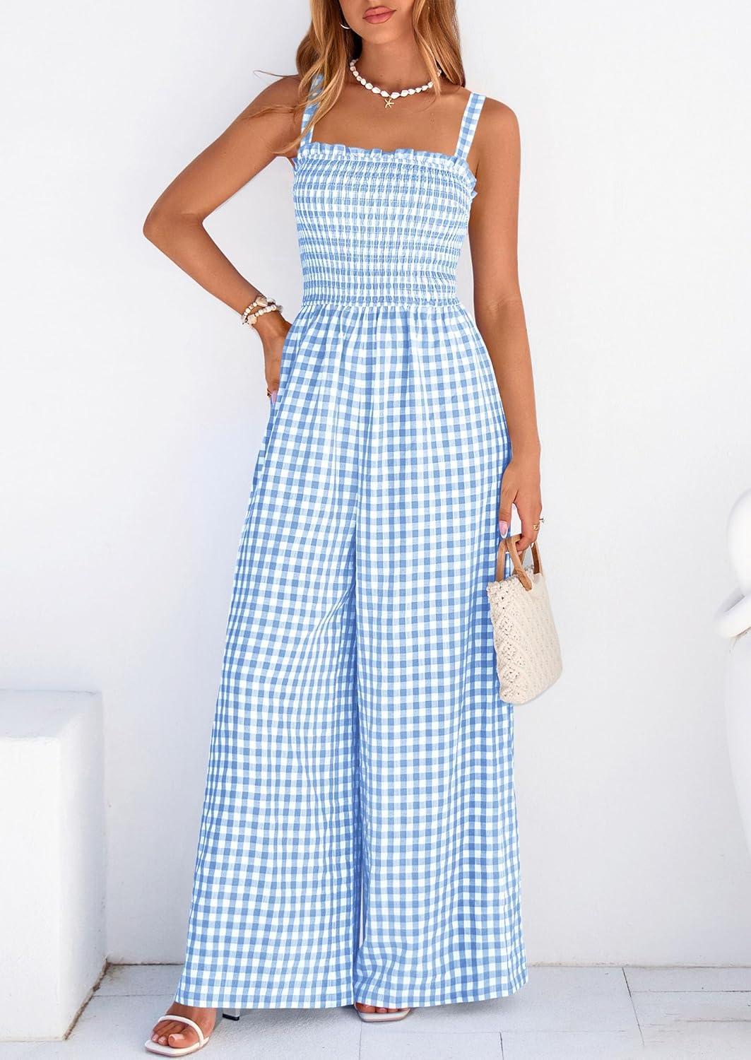 imagePRETTYGARDEN One Piece Jumpsuits for Women 2026 Summer Sleeveless Smocked Gingham Wide Leg Date Night Rompers Spring OutfitsLight Blue