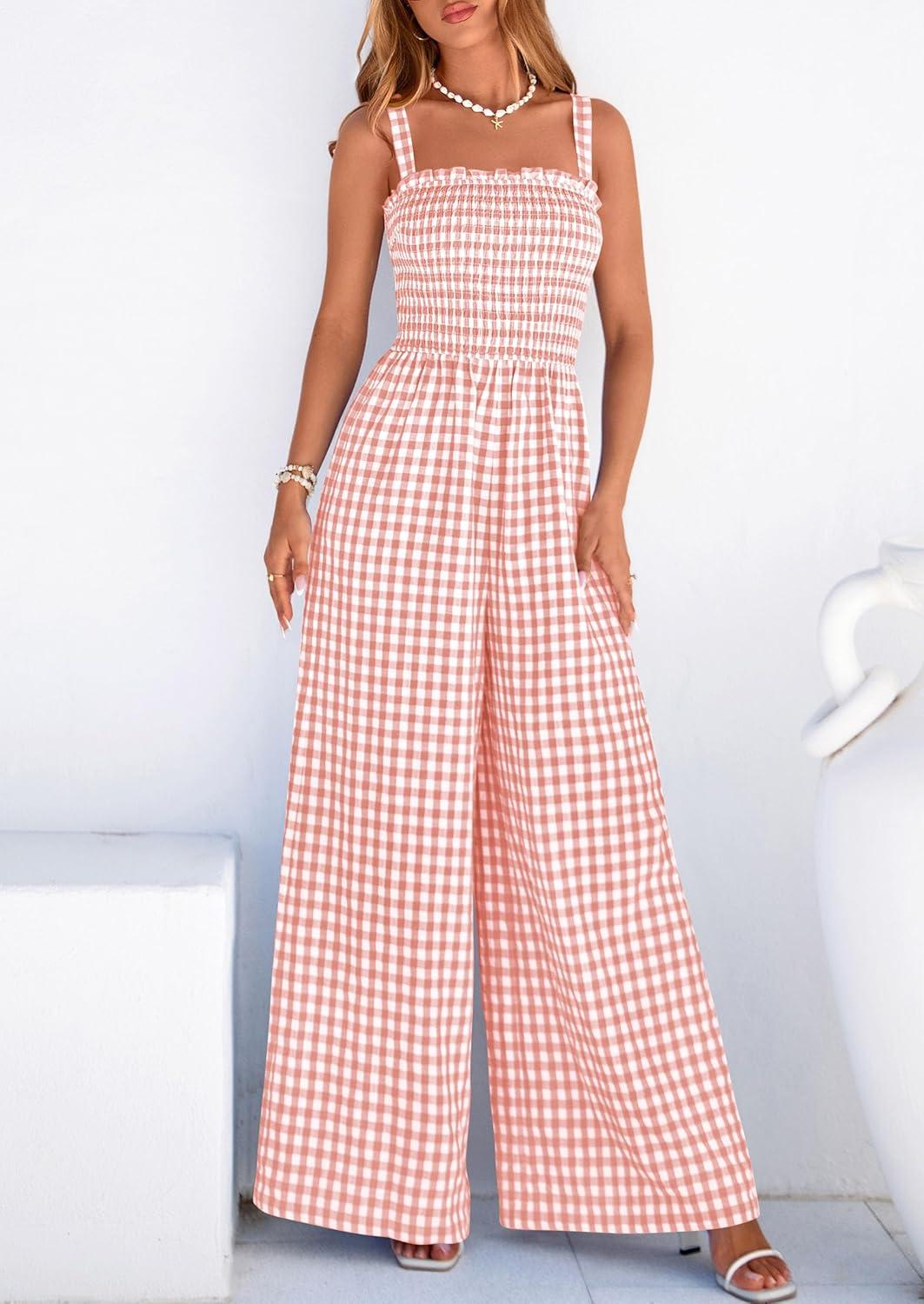 imagePRETTYGARDEN One Piece Jumpsuits for Women 2026 Summer Sleeveless Smocked Gingham Wide Leg Date Night Rompers Spring OutfitsLight Pink