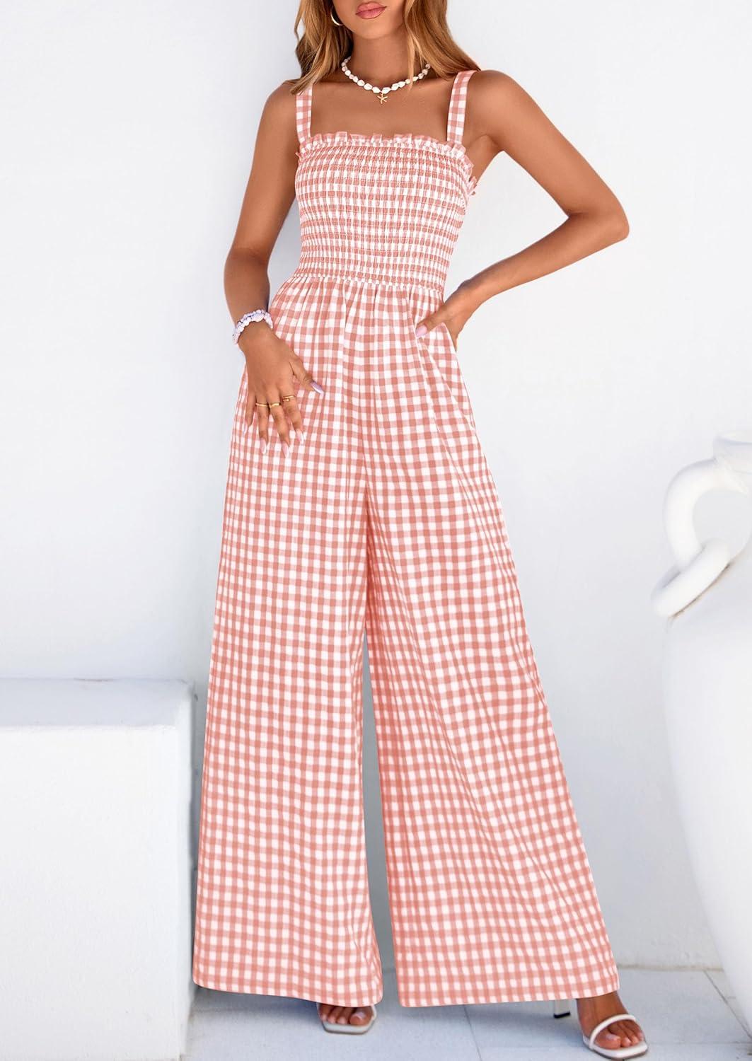 imagePRETTYGARDEN One Piece Jumpsuits for Women 2026 Summer Sleeveless Smocked Gingham Wide Leg Date Night Rompers Spring OutfitsLight Pink