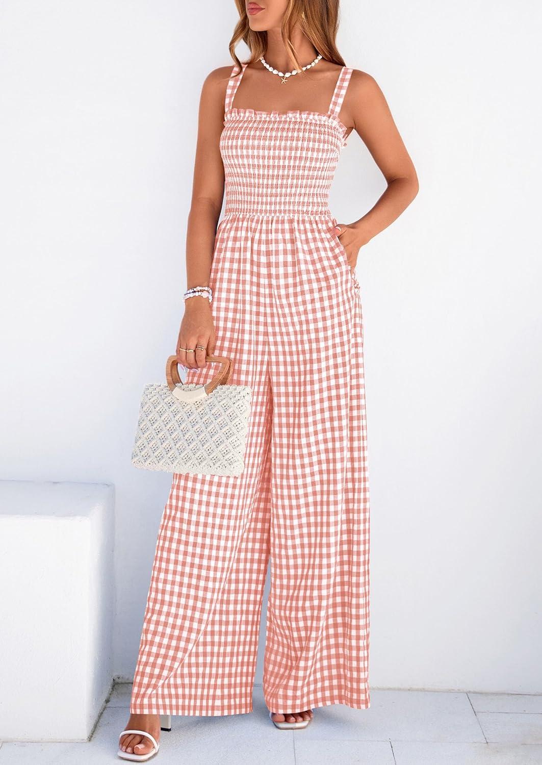 imagePRETTYGARDEN One Piece Jumpsuits for Women 2026 Summer Sleeveless Smocked Gingham Wide Leg Date Night Rompers Spring OutfitsLight Pink