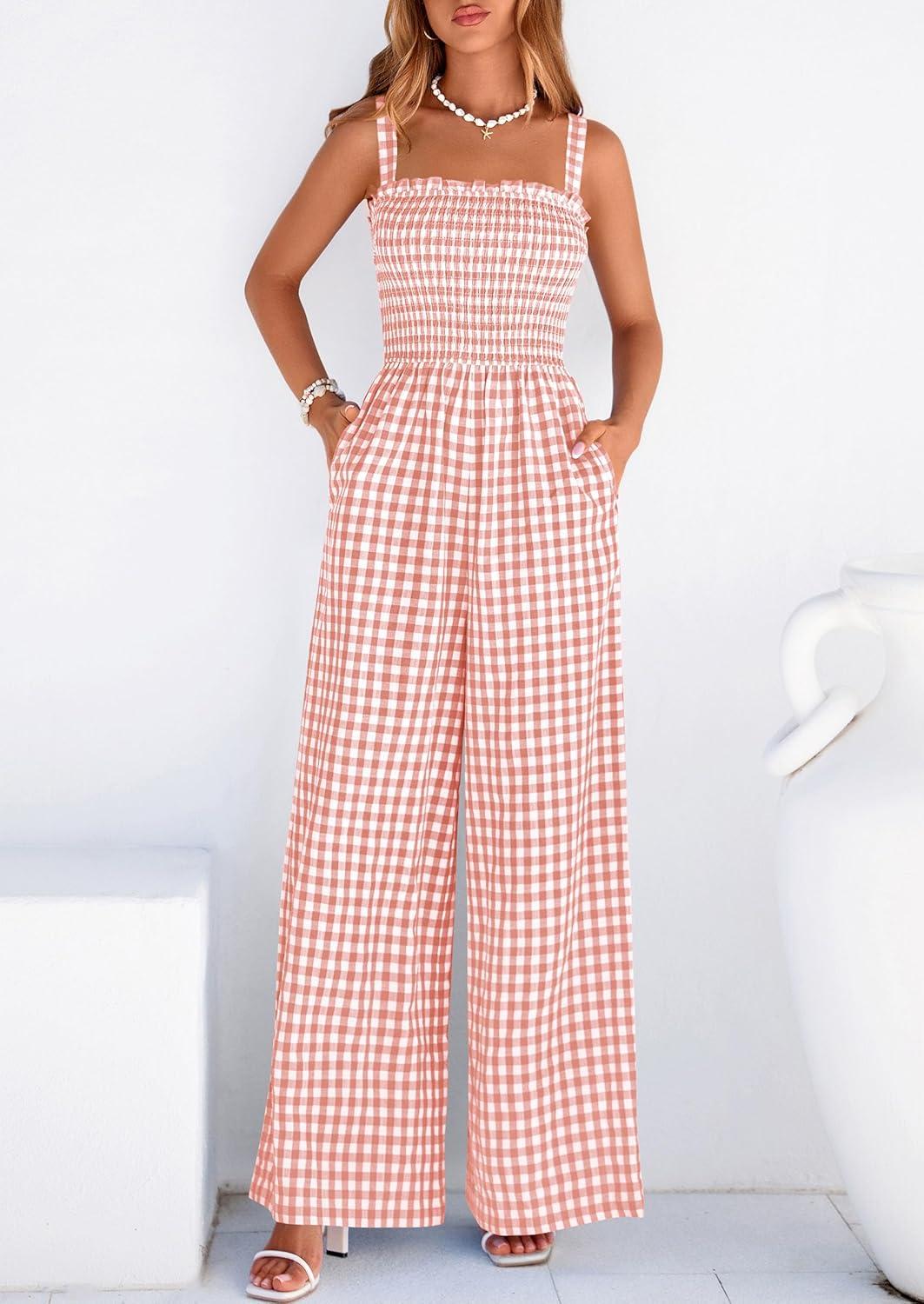 imagePRETTYGARDEN One Piece Jumpsuits for Women 2026 Summer Sleeveless Smocked Gingham Wide Leg Date Night Rompers Spring OutfitsLight Pink
