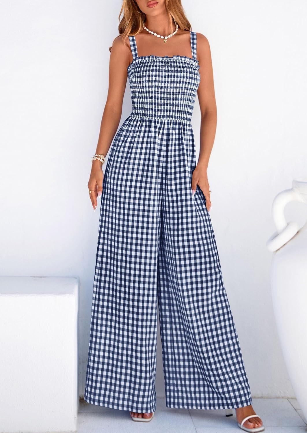 imagePRETTYGARDEN One Piece Jumpsuits for Women 2026 Summer Sleeveless Smocked Gingham Wide Leg Date Night Rompers Spring OutfitsNavy Blue