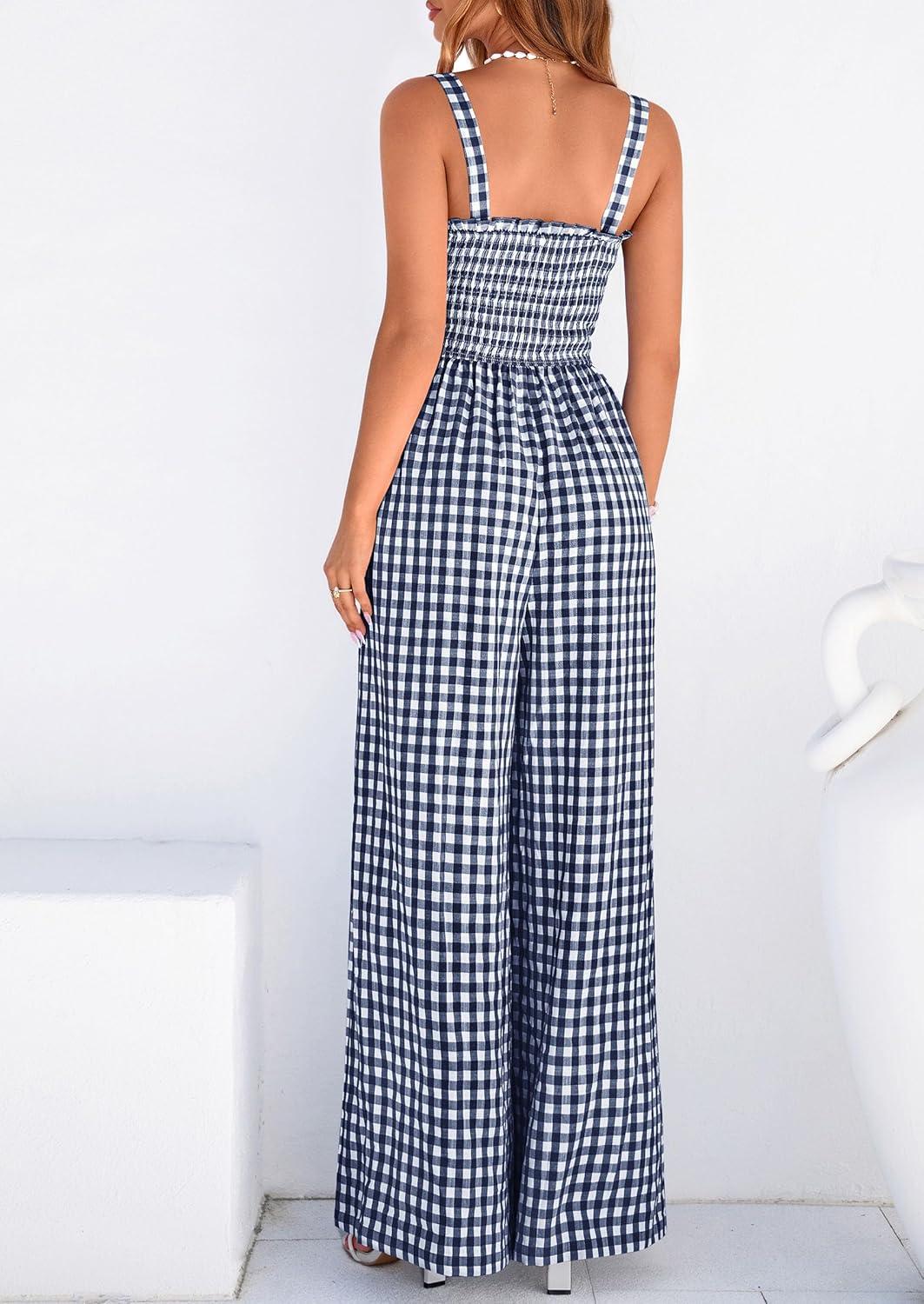 imagePRETTYGARDEN One Piece Jumpsuits for Women 2026 Summer Sleeveless Smocked Gingham Wide Leg Date Night Rompers Spring OutfitsNavy Blue