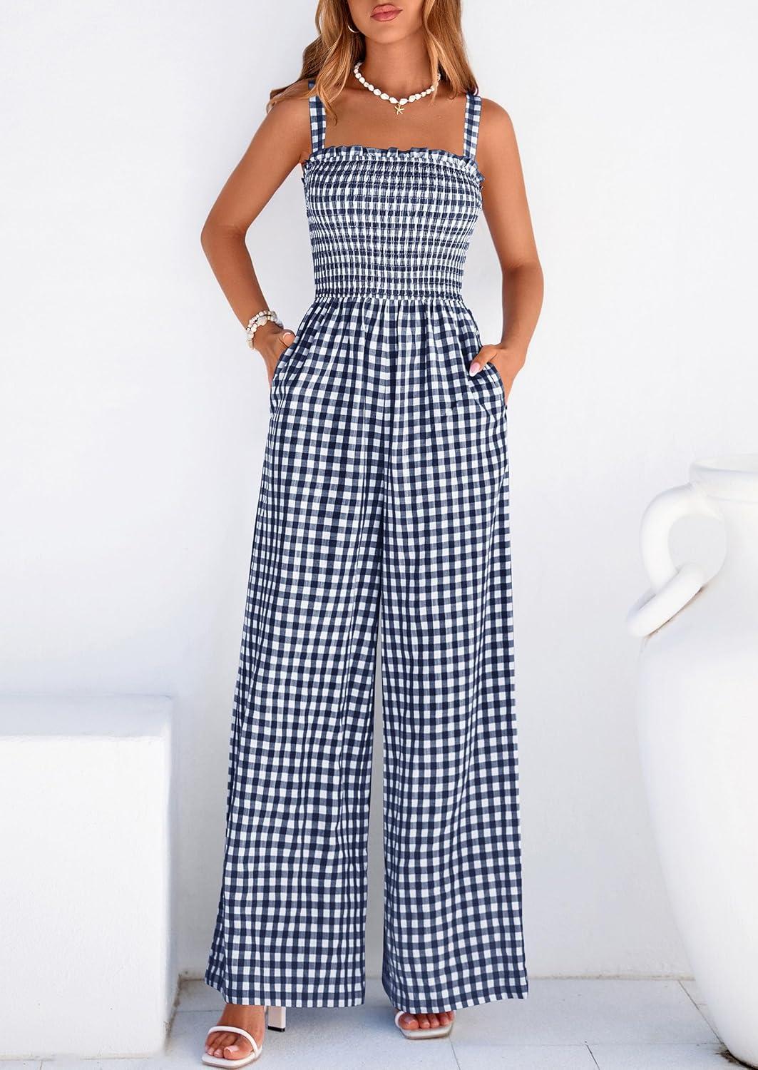 imagePRETTYGARDEN One Piece Jumpsuits for Women 2026 Summer Sleeveless Smocked Gingham Wide Leg Date Night Rompers Spring OutfitsNavy Blue