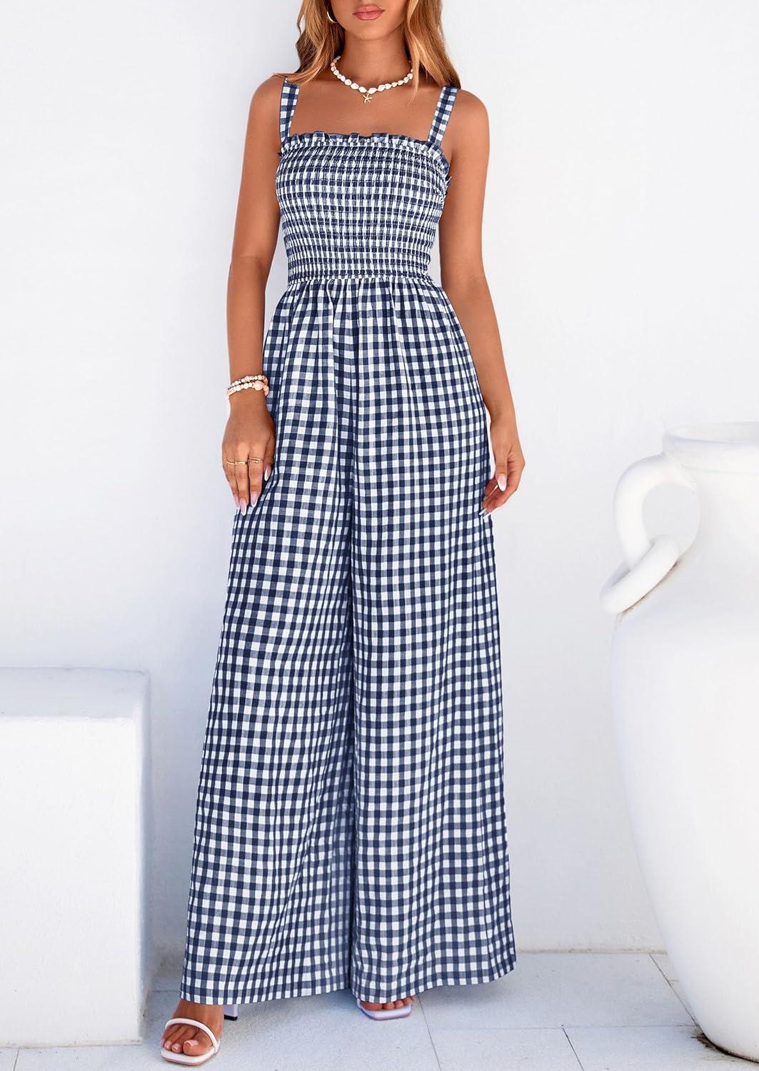 imagePRETTYGARDEN One Piece Jumpsuits for Women 2026 Summer Sleeveless Smocked Gingham Wide Leg Date Night Rompers Spring OutfitsNavy Blue
