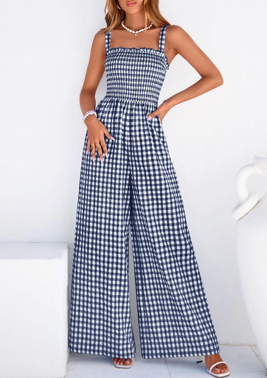 imagePRETTYGARDEN One Piece Jumpsuits for Women 2026 Summer Sleeveless Smocked Gingham Wide Leg Date Night Rompers Spring OutfitsNavy Blue