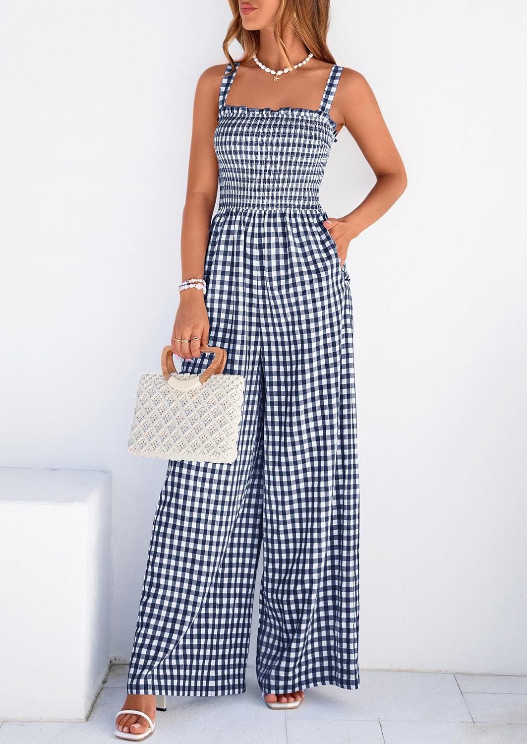 imagePRETTYGARDEN One Piece Jumpsuits for Women 2026 Summer Sleeveless Smocked Gingham Wide Leg Date Night Rompers Spring OutfitsNavy Blue