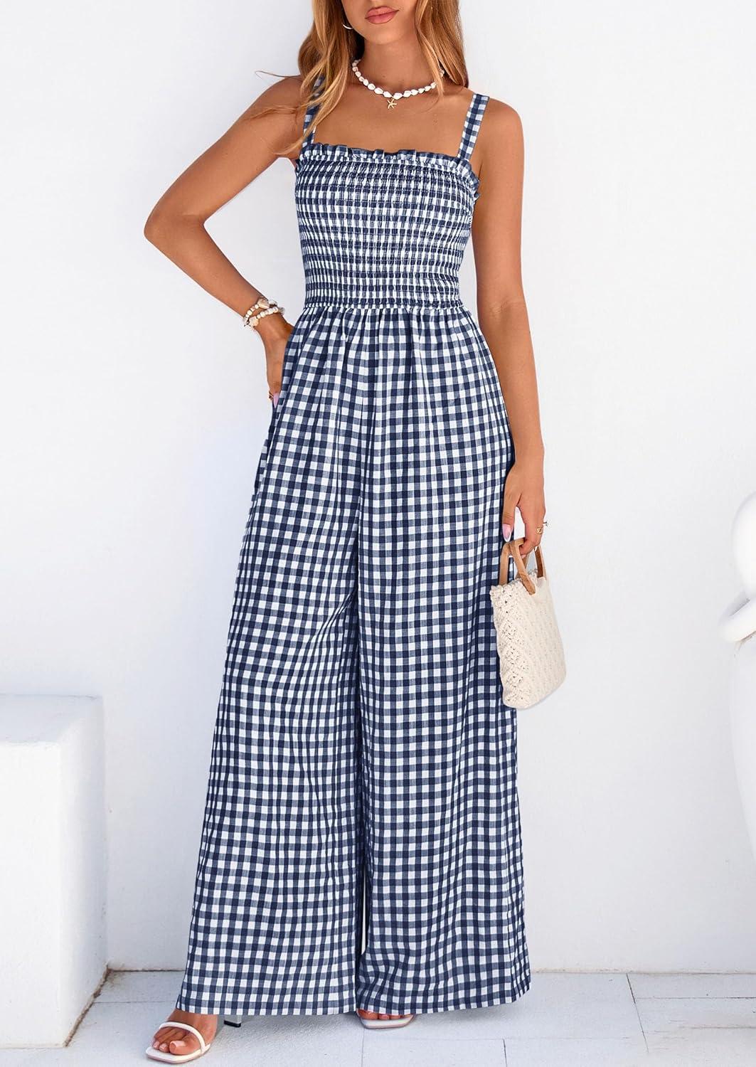 imagePRETTYGARDEN One Piece Jumpsuits for Women 2026 Summer Sleeveless Smocked Gingham Wide Leg Date Night Rompers Spring OutfitsNavy Blue