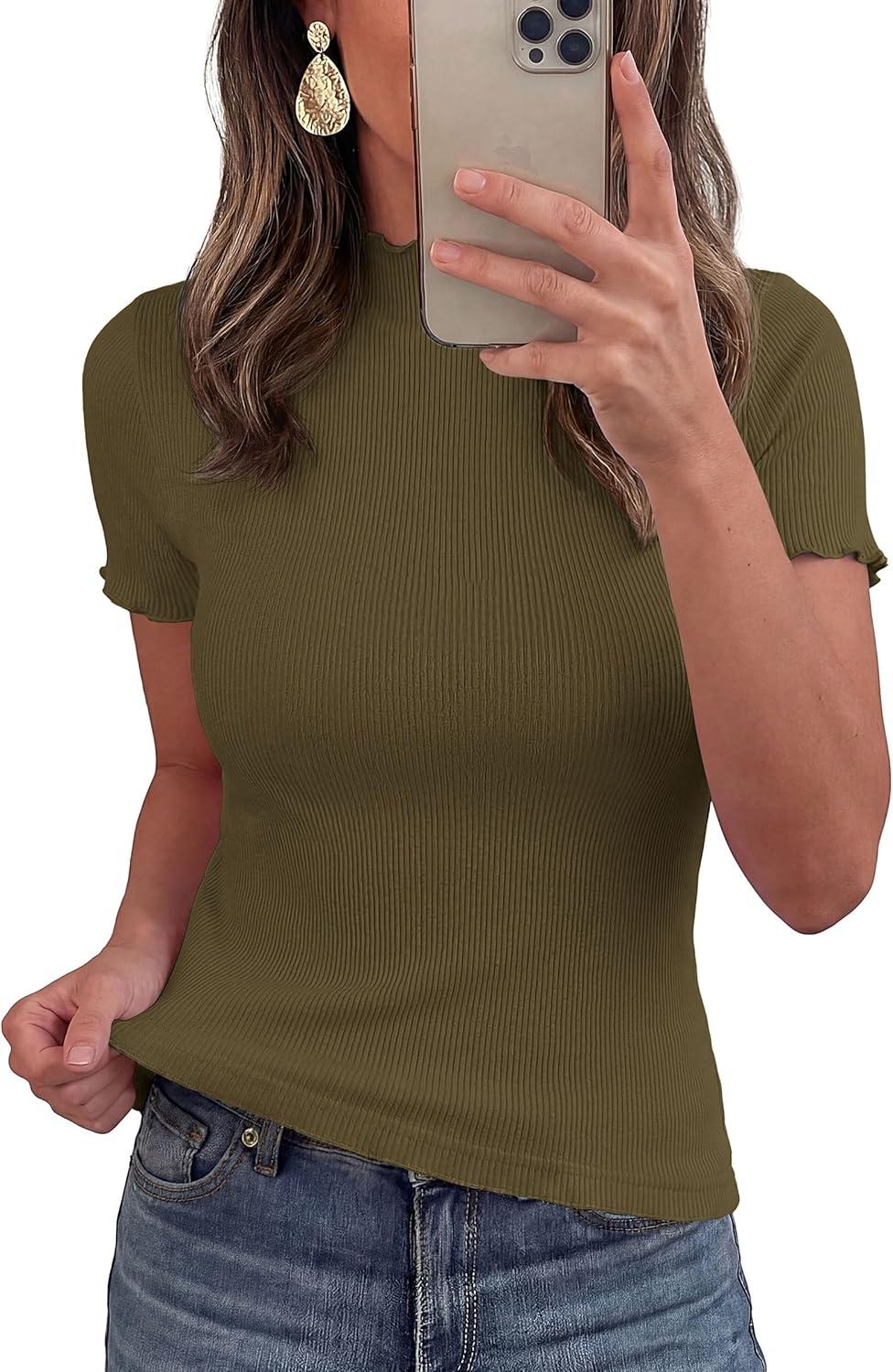 imagePRETTYGARDEN Short Sleeve T Shirts for Women Summer Clothes 2026 Casual Spring Tops Ruffle Mock Neck Ribbed Fitted Basic TeesArmy Green
