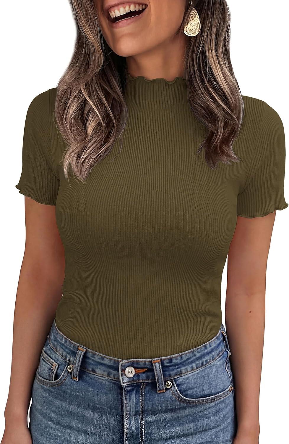 imagePRETTYGARDEN Short Sleeve T Shirts for Women Summer Clothes 2026 Casual Spring Tops Ruffle Mock Neck Ribbed Fitted Basic TeesArmy Green