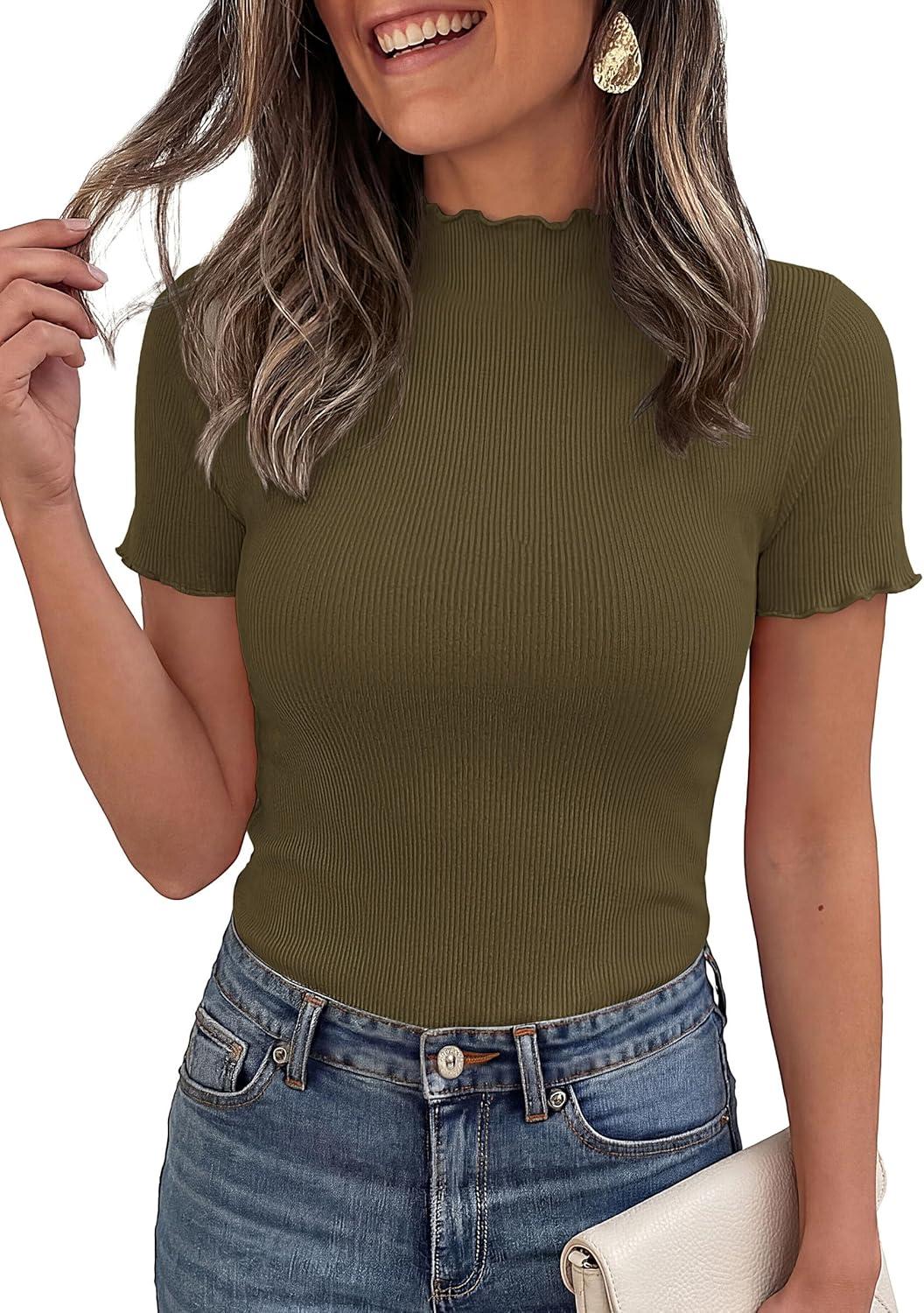 imagePRETTYGARDEN Short Sleeve T Shirts for Women Summer Clothes 2026 Casual Spring Tops Ruffle Mock Neck Ribbed Fitted Basic TeesArmy Green