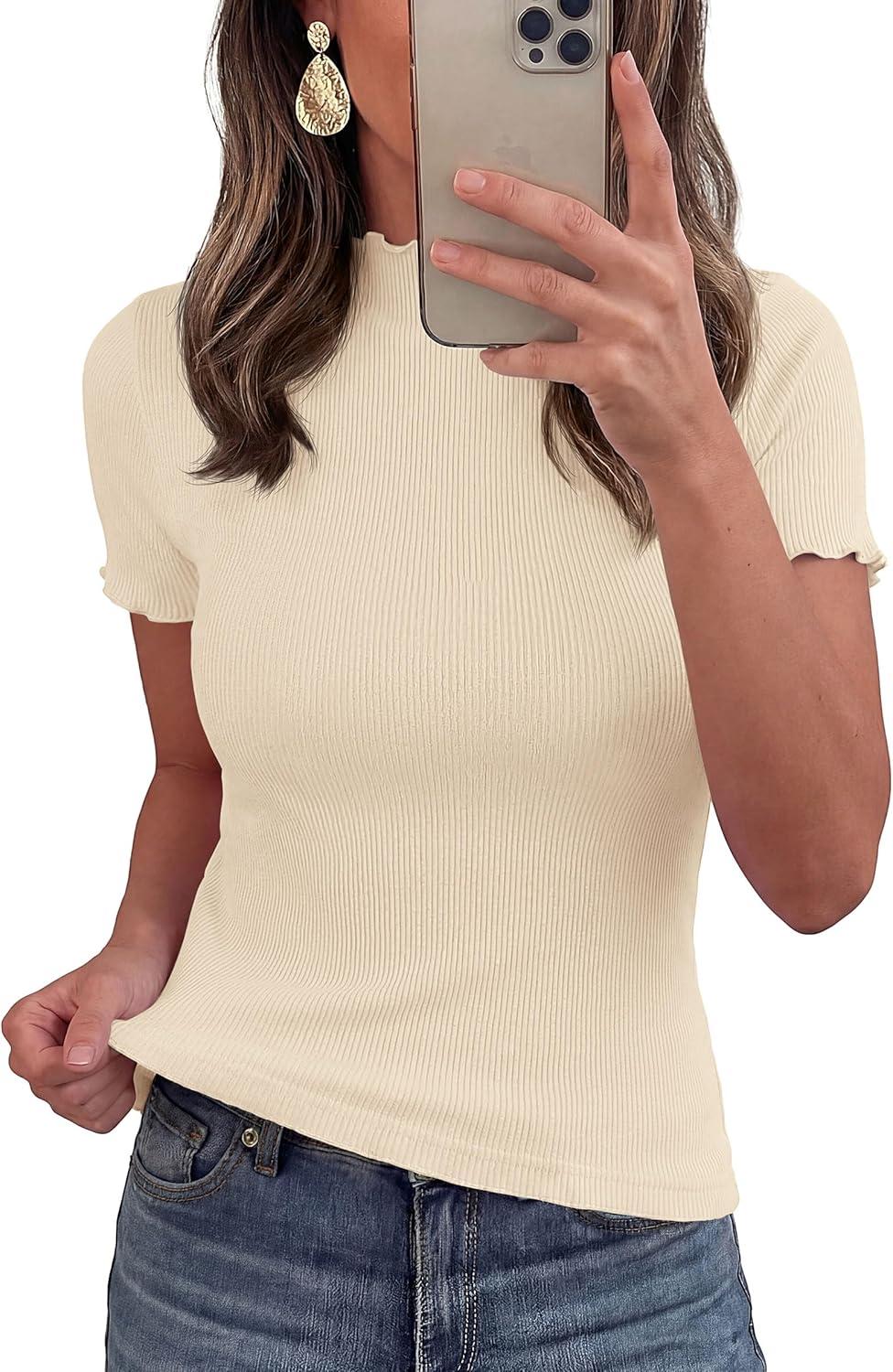 imagePRETTYGARDEN Short Sleeve T Shirts for Women Summer Clothes 2026 Casual Spring Tops Ruffle Mock Neck Ribbed Fitted Basic TeesBeige