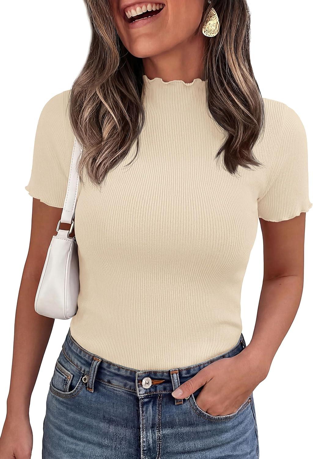 imagePRETTYGARDEN Short Sleeve T Shirts for Women Summer Clothes 2026 Casual Spring Tops Ruffle Mock Neck Ribbed Fitted Basic TeesBeige