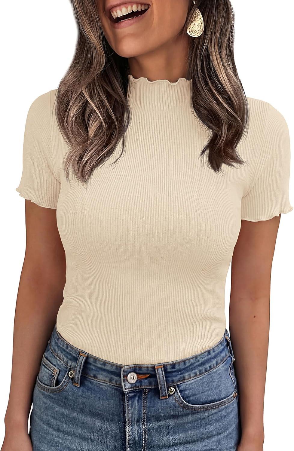 imagePRETTYGARDEN Short Sleeve T Shirts for Women Summer Clothes 2026 Casual Spring Tops Ruffle Mock Neck Ribbed Fitted Basic TeesBeige