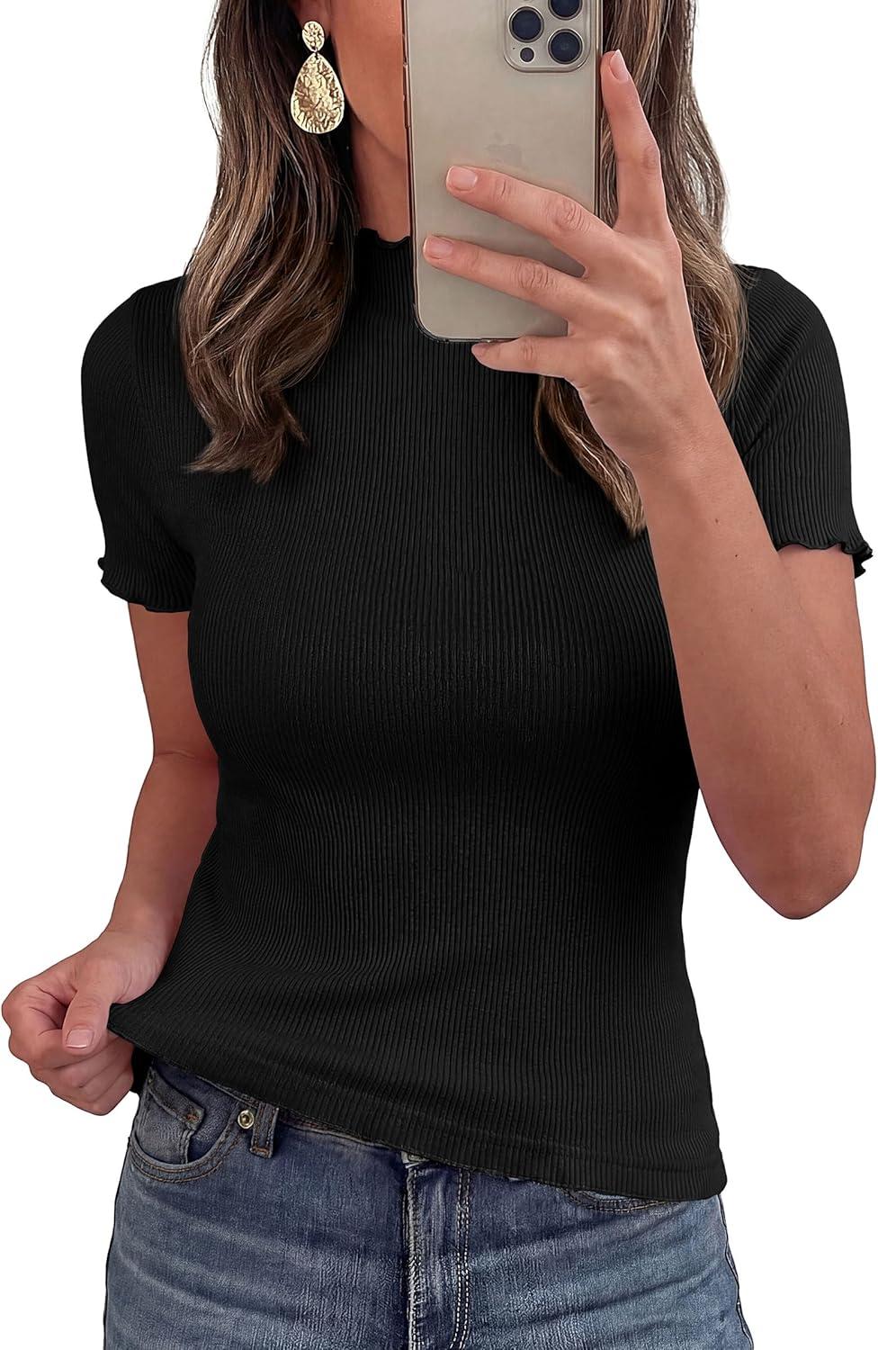 imagePRETTYGARDEN Short Sleeve T Shirts for Women Summer Clothes 2026 Casual Spring Tops Ruffle Mock Neck Ribbed Fitted Basic TeesBlack