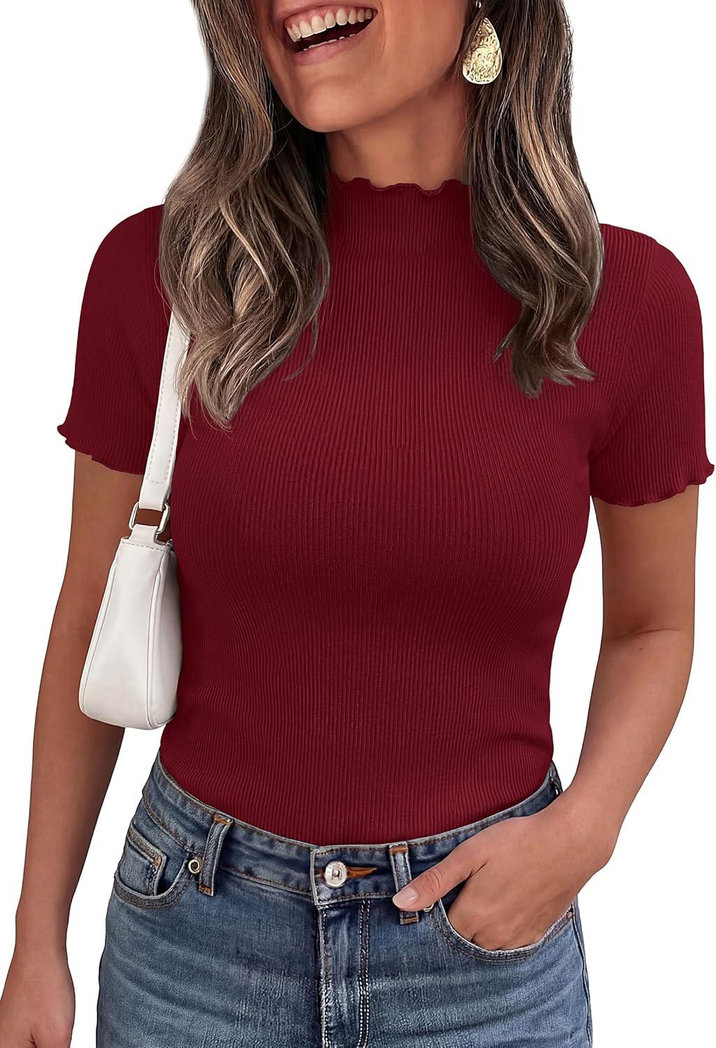 imagePRETTYGARDEN Short Sleeve T Shirts for Women Summer Clothes 2026 Casual Spring Tops Ruffle Mock Neck Ribbed Fitted Basic TeesBurgundy