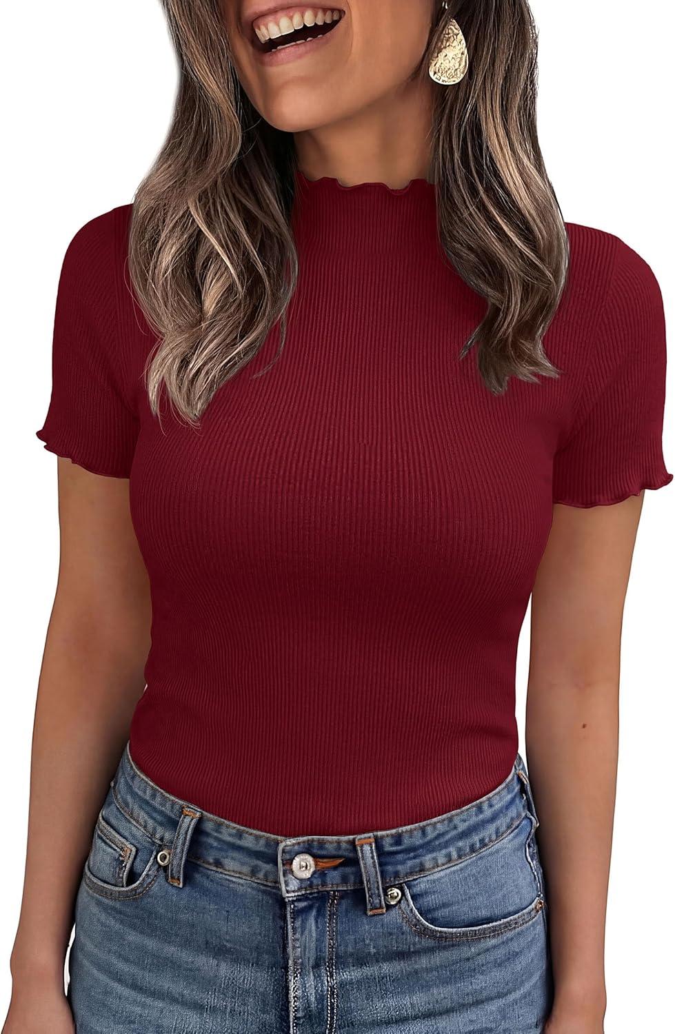 imagePRETTYGARDEN Short Sleeve T Shirts for Women Summer Clothes 2026 Casual Spring Tops Ruffle Mock Neck Ribbed Fitted Basic TeesBurgundy