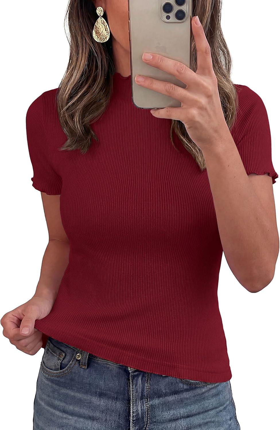 imagePRETTYGARDEN Short Sleeve T Shirts for Women Summer Clothes 2026 Casual Spring Tops Ruffle Mock Neck Ribbed Fitted Basic TeesBurgundy