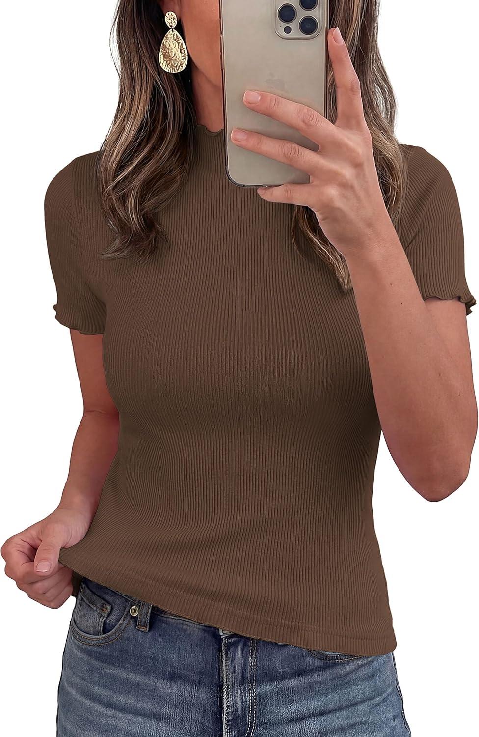 imagePRETTYGARDEN Short Sleeve T Shirts for Women Summer Clothes 2026 Casual Spring Tops Ruffle Mock Neck Ribbed Fitted Basic TeesCoffee