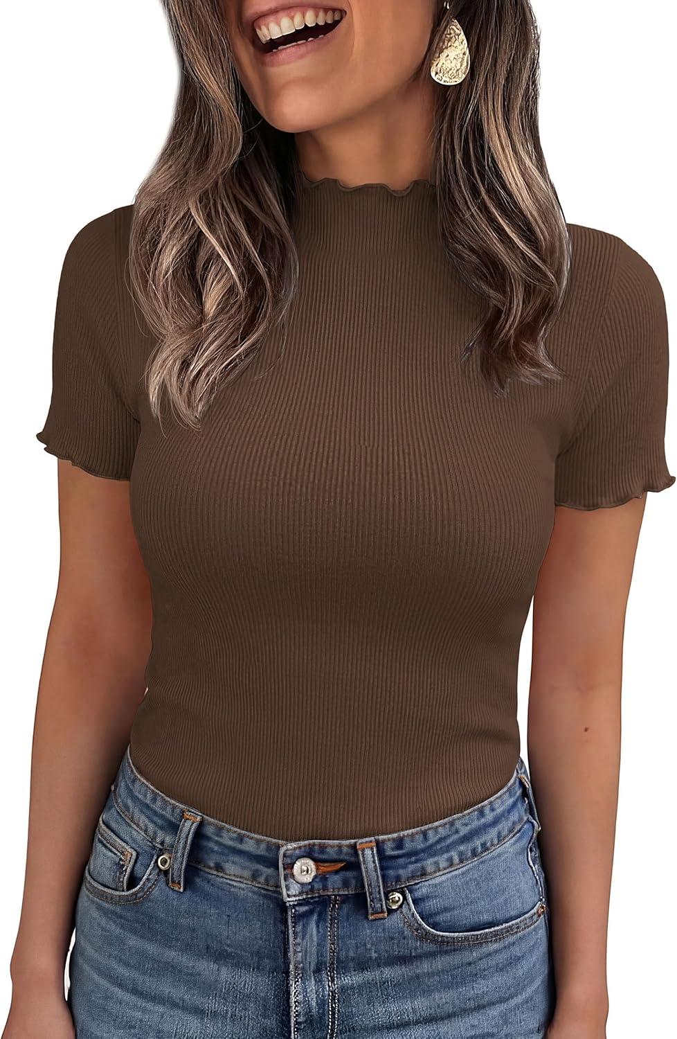 imagePRETTYGARDEN Short Sleeve T Shirts for Women Summer Clothes 2026 Casual Spring Tops Ruffle Mock Neck Ribbed Fitted Basic TeesCoffee
