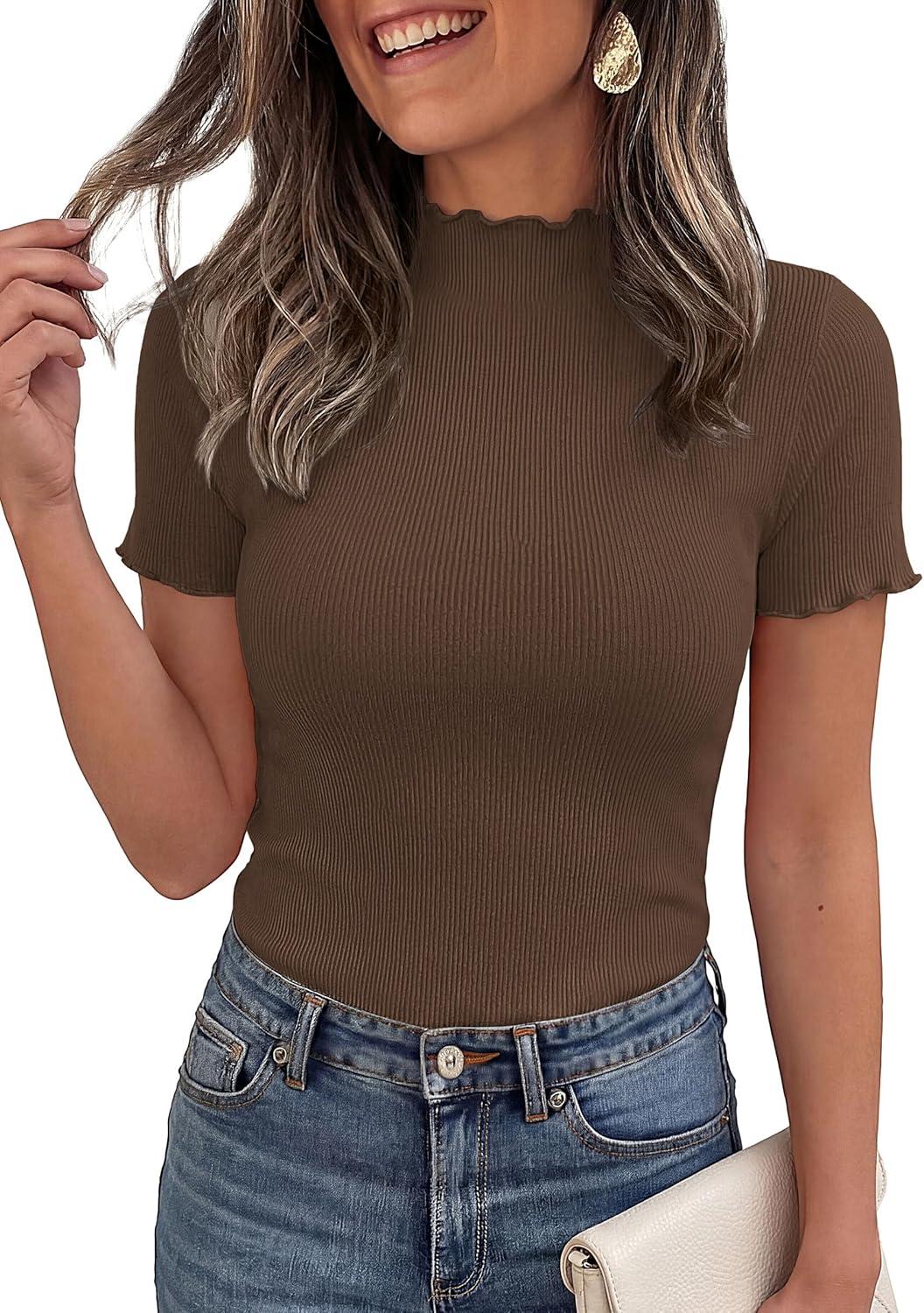 imagePRETTYGARDEN Short Sleeve T Shirts for Women Summer Clothes 2026 Casual Spring Tops Ruffle Mock Neck Ribbed Fitted Basic TeesCoffee