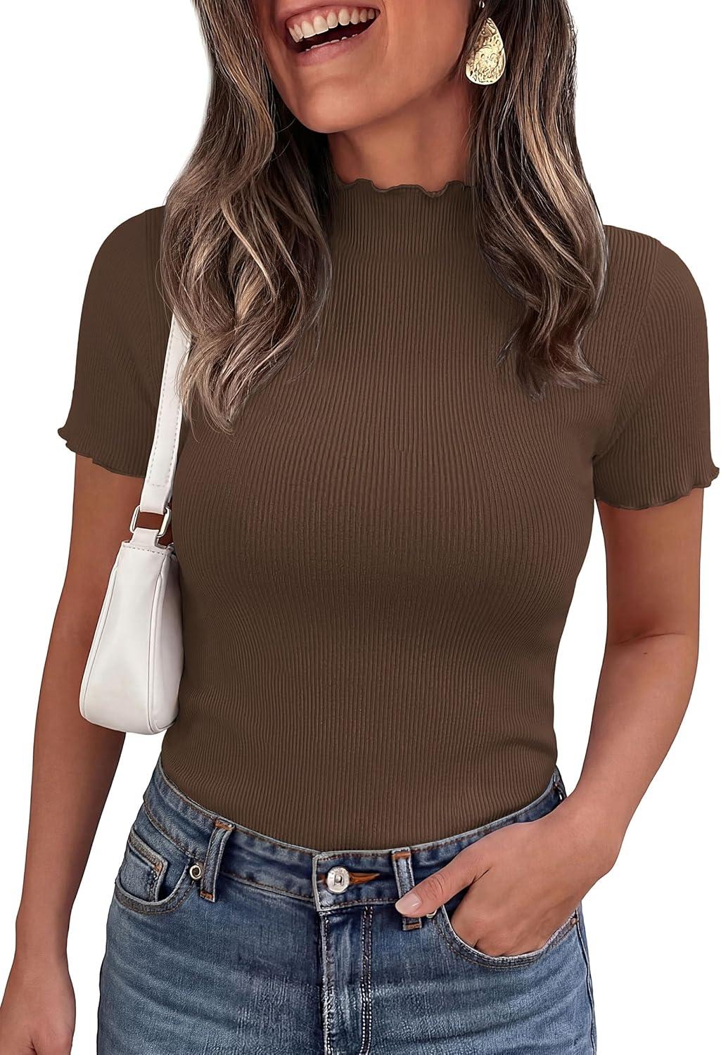 imagePRETTYGARDEN Short Sleeve T Shirts for Women Summer Clothes 2026 Casual Spring Tops Ruffle Mock Neck Ribbed Fitted Basic TeesCoffee