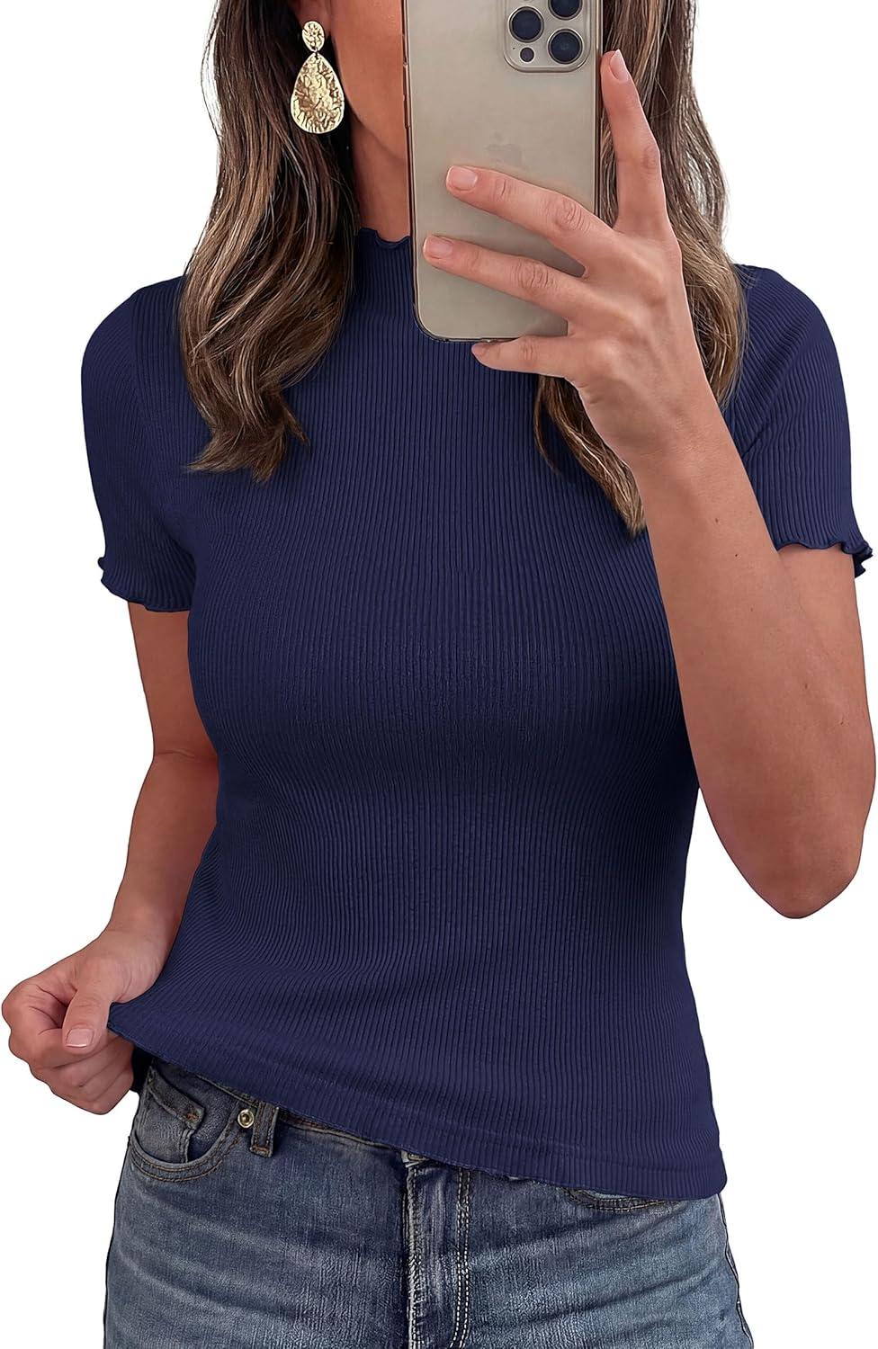 imagePRETTYGARDEN Short Sleeve T Shirts for Women Summer Clothes 2026 Casual Spring Tops Ruffle Mock Neck Ribbed Fitted Basic TeesNavy Blue