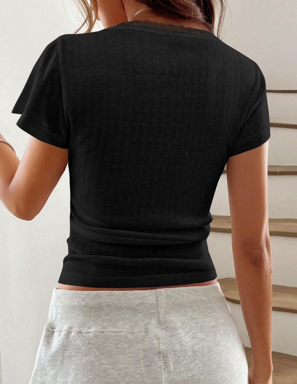 imagePRETTYGARDEN Summer Tops for Women 2026 Short Sleeve Lace Trim Slim Fitted Henley Tee Shirts Y2K Fashion ClothingBlack