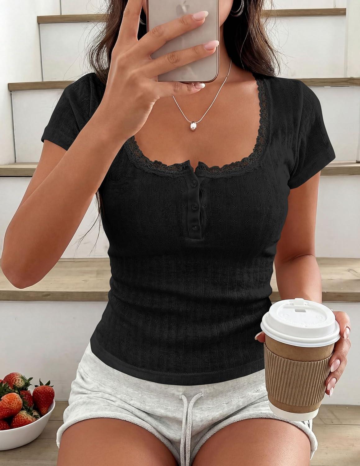 imagePRETTYGARDEN Summer Tops for Women 2026 Short Sleeve Lace Trim Slim Fitted Henley Tee Shirts Y2K Fashion ClothingBlack