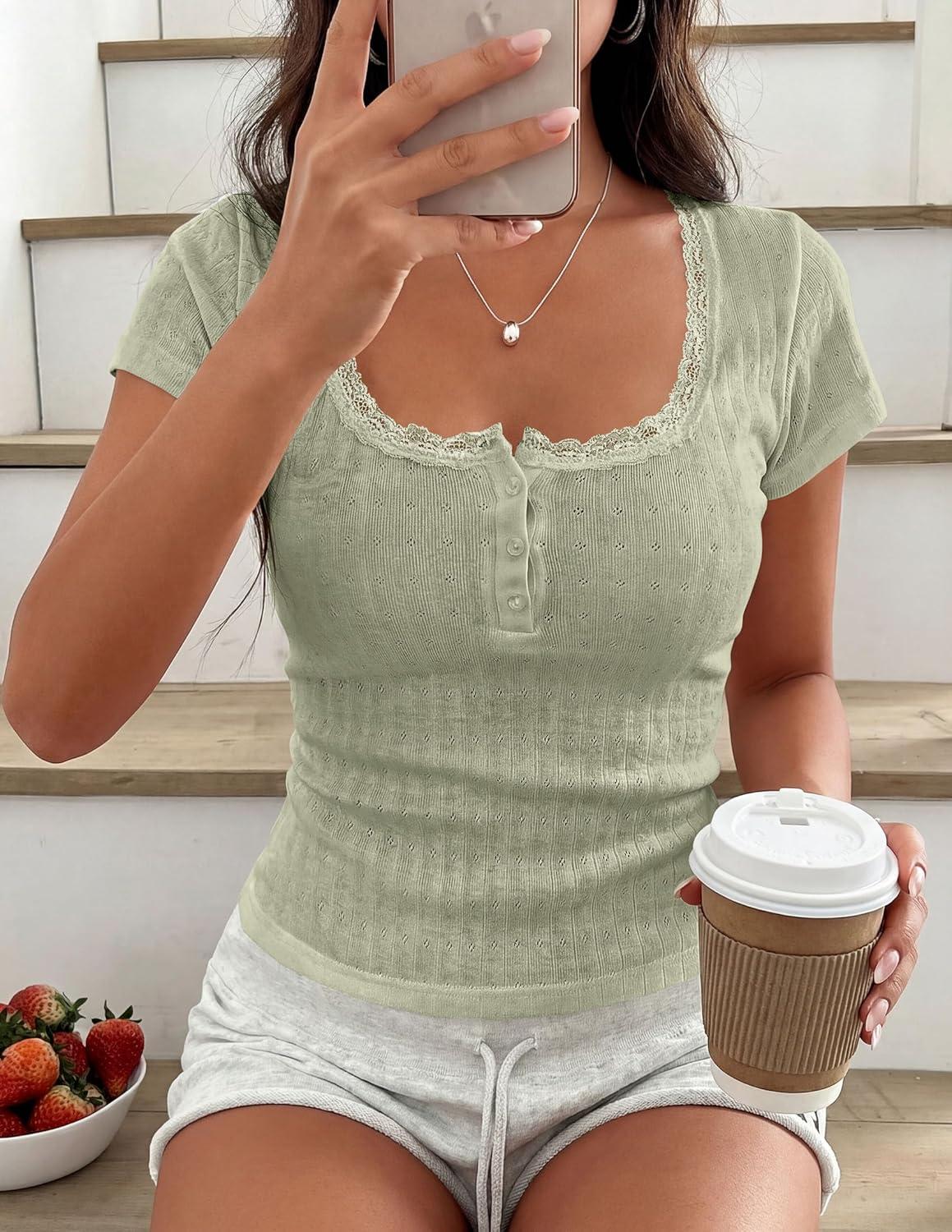 imagePRETTYGARDEN Summer Tops for Women 2026 Short Sleeve Lace Trim Slim Fitted Henley Tee Shirts Y2K Fashion ClothingSage Green