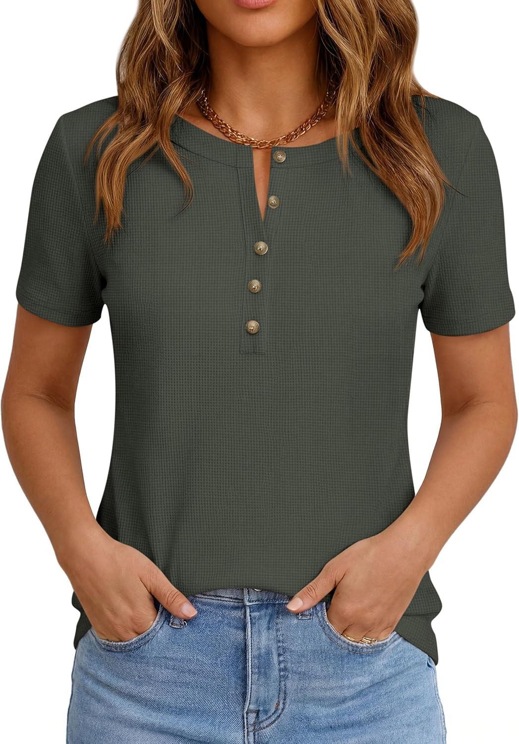 imagePRETTYGARDEN Waffle Knit Tops for Women Short Sleeve Henley Shirts 2026 Summer Blouses Dressy Casual Spring Fashion ClothesArmy Green