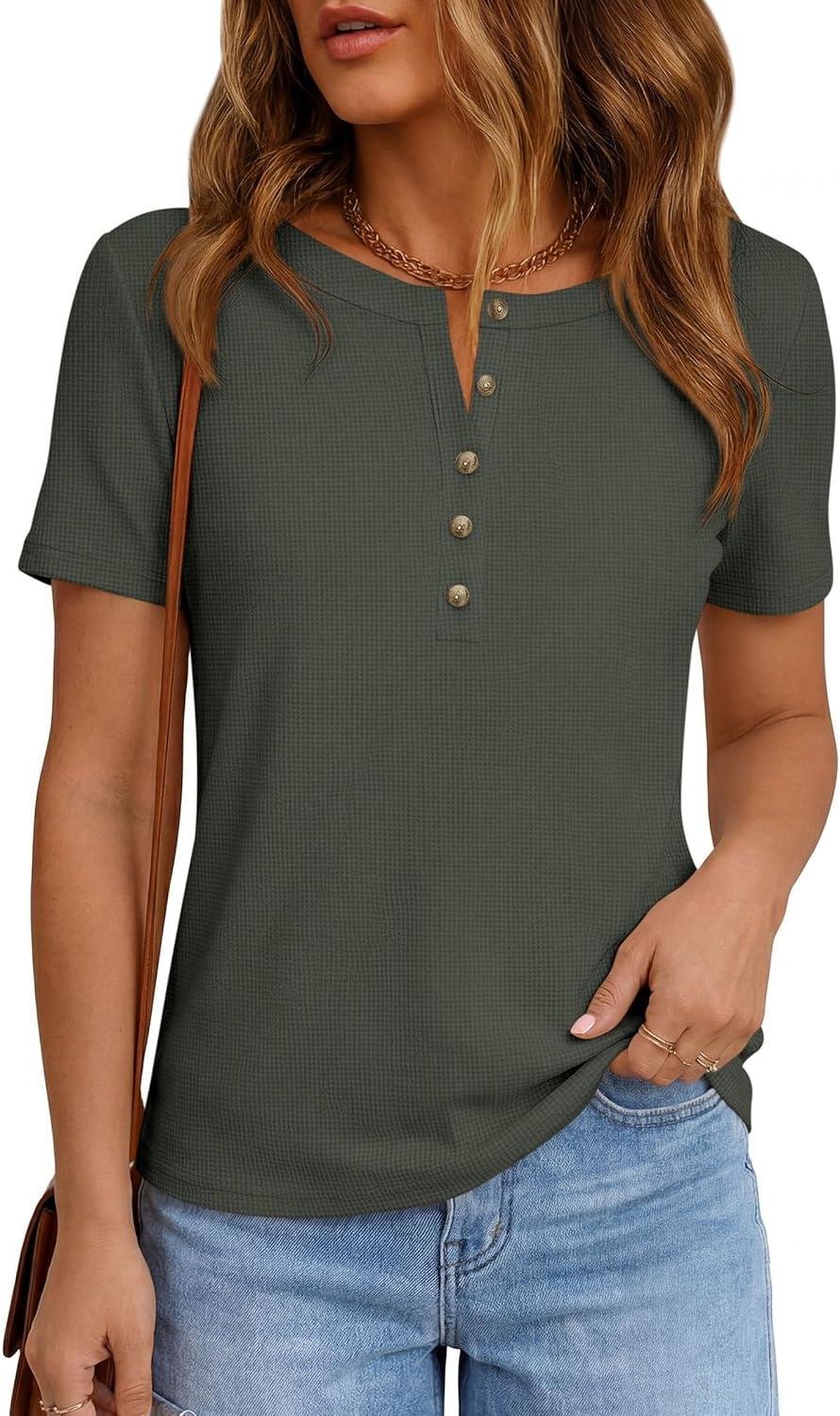 imagePRETTYGARDEN Waffle Knit Tops for Women Short Sleeve Henley Shirts 2026 Summer Blouses Dressy Casual Spring Fashion ClothesArmy Green