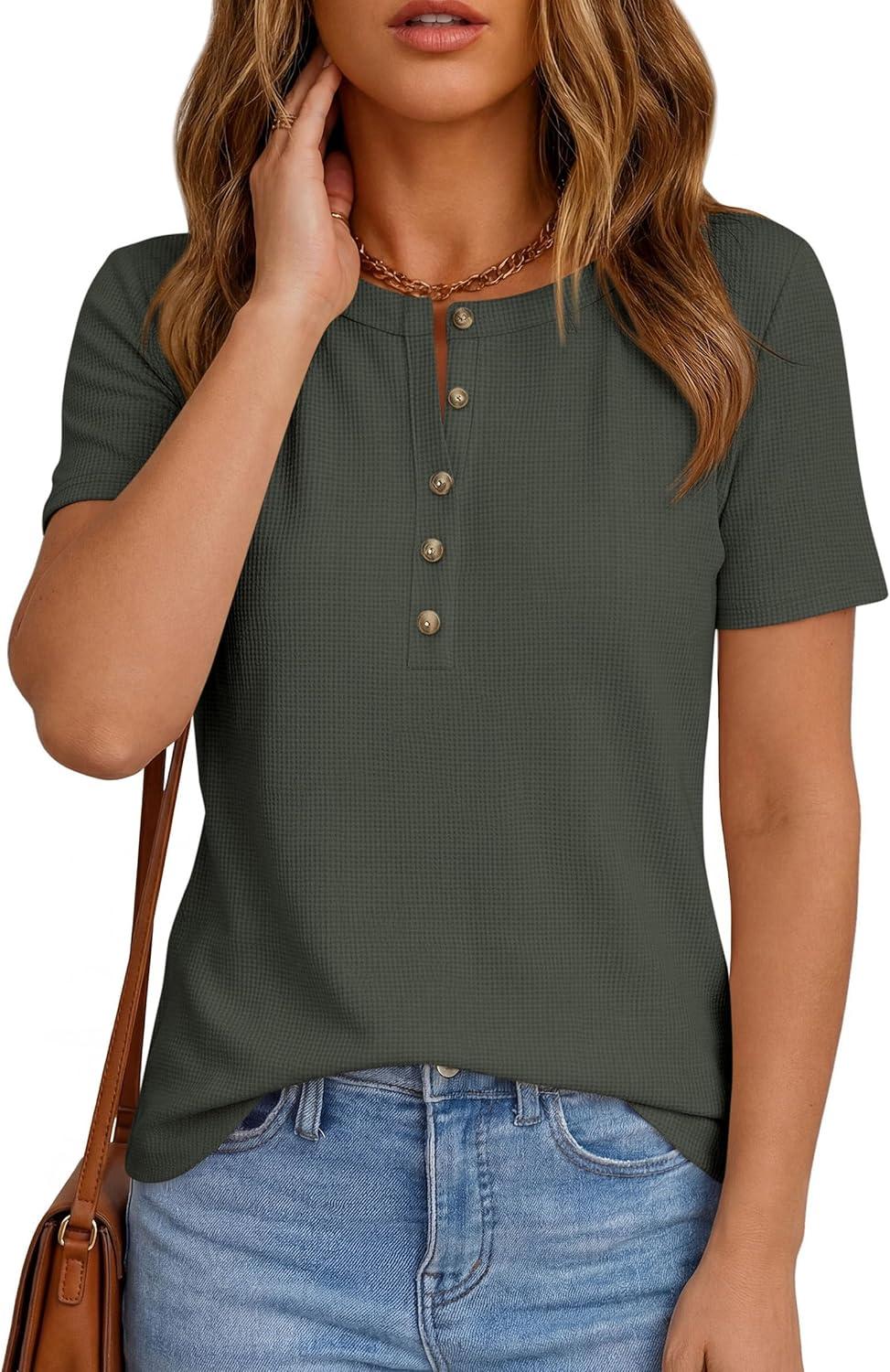 imagePRETTYGARDEN Waffle Knit Tops for Women Short Sleeve Henley Shirts 2026 Summer Blouses Dressy Casual Spring Fashion ClothesArmy Green