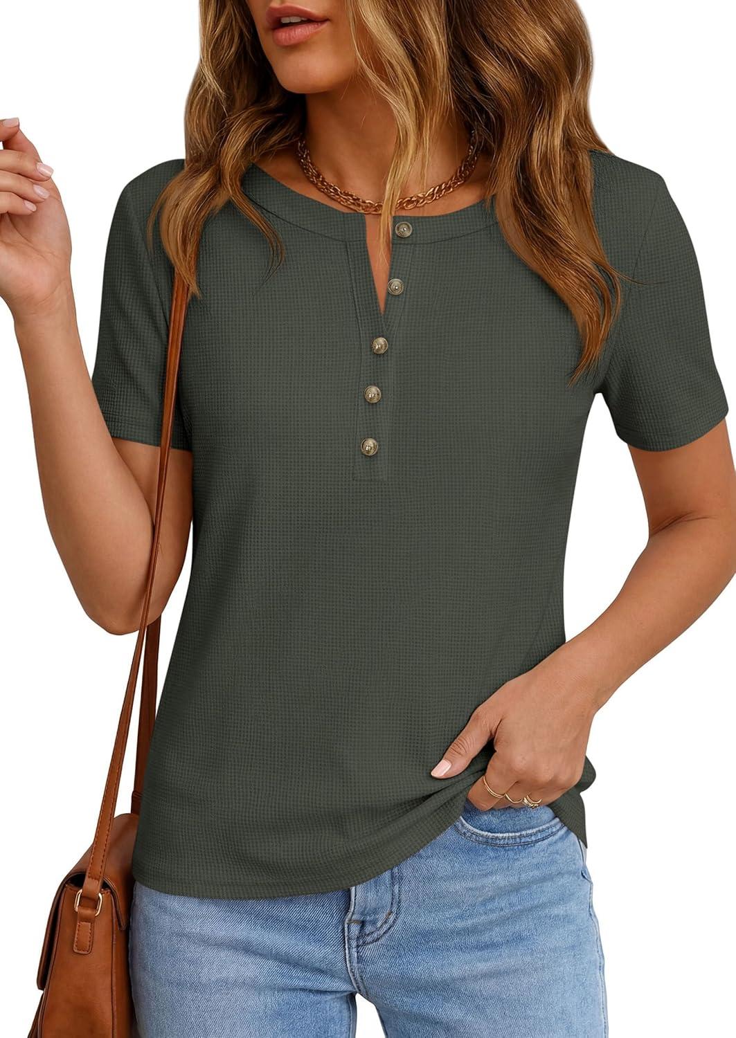 imagePRETTYGARDEN Waffle Knit Tops for Women Short Sleeve Henley Shirts 2026 Summer Blouses Dressy Casual Spring Fashion ClothesArmy Green