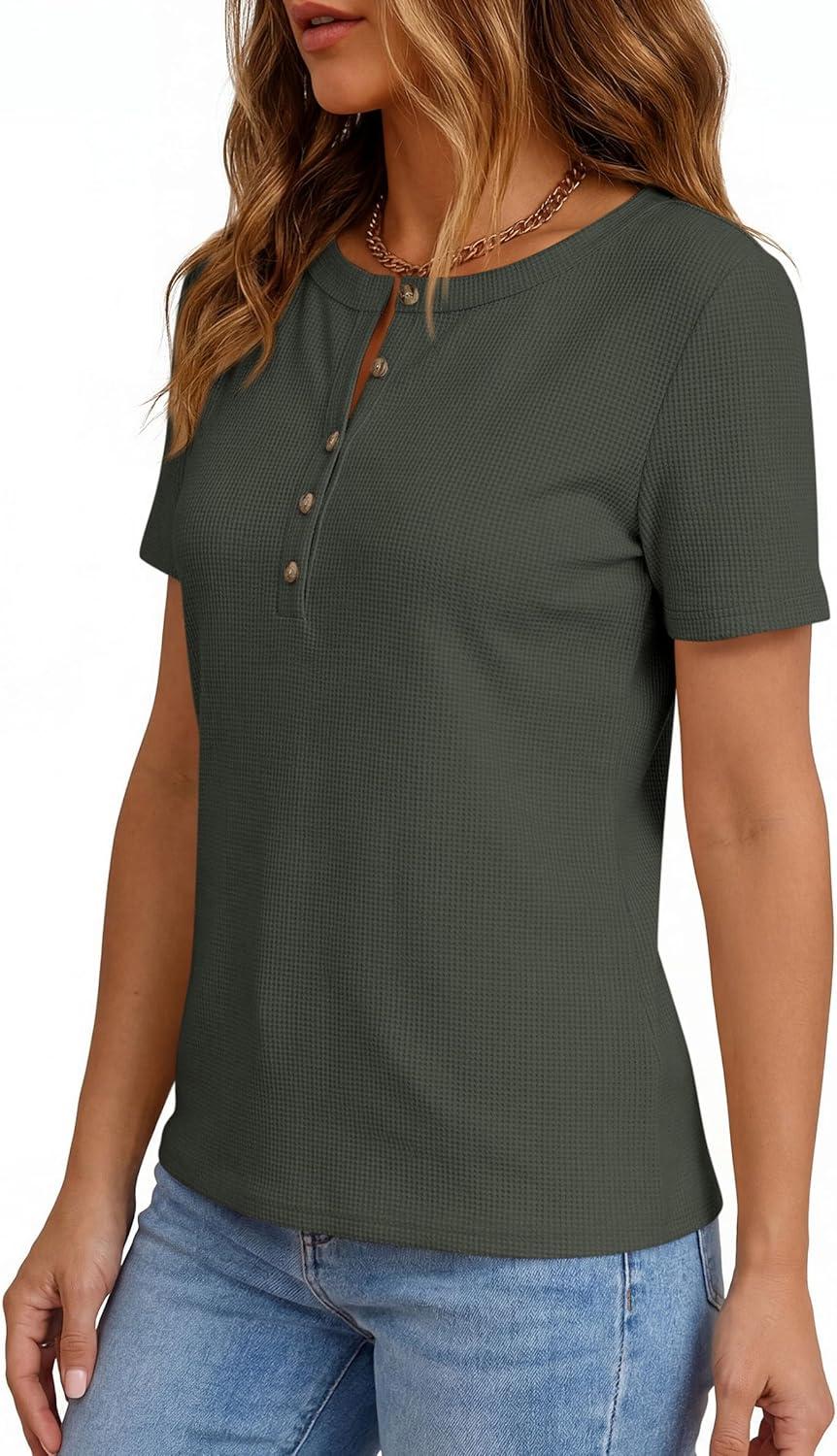 imagePRETTYGARDEN Waffle Knit Tops for Women Short Sleeve Henley Shirts 2026 Summer Blouses Dressy Casual Spring Fashion ClothesArmy Green