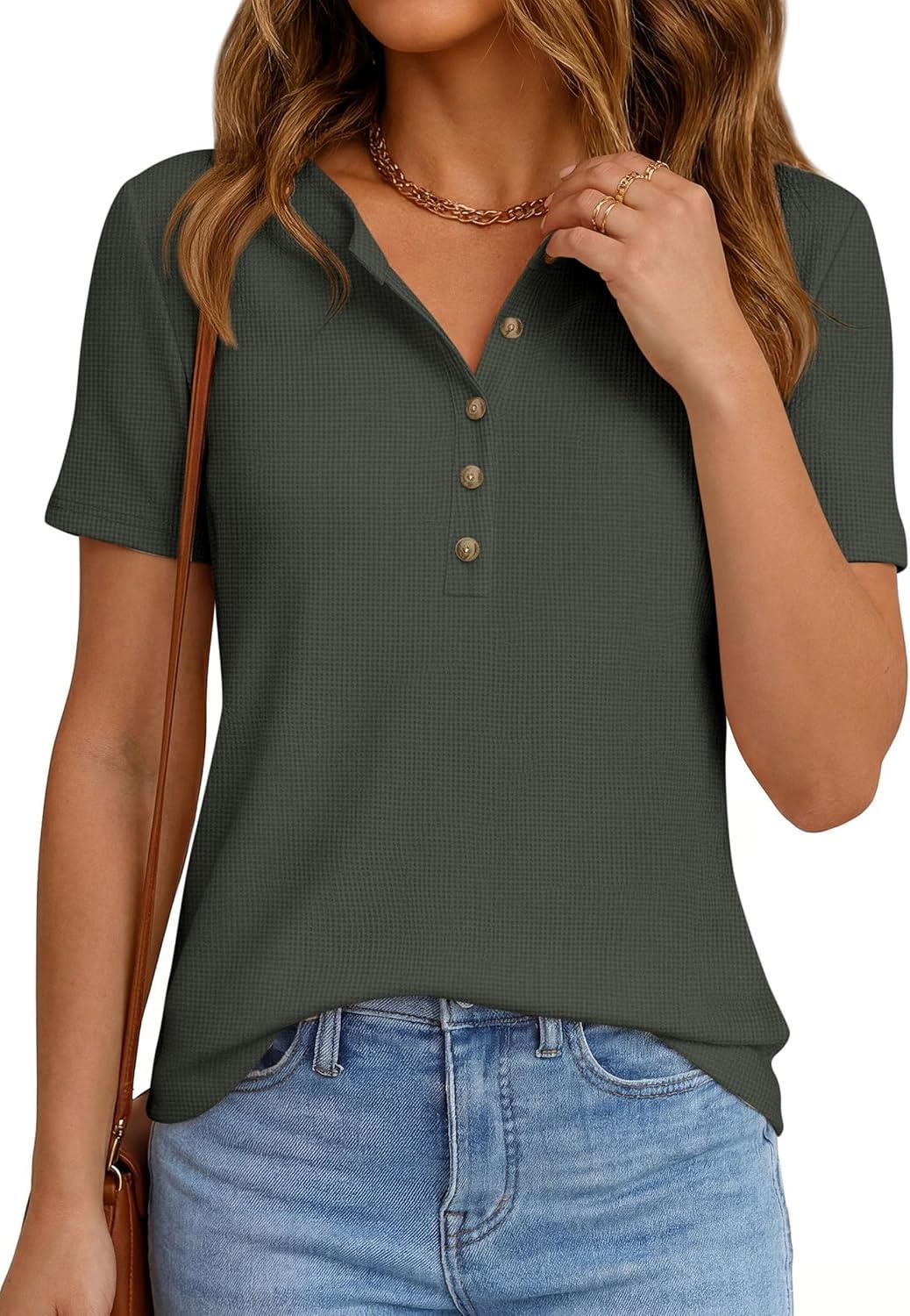 imagePRETTYGARDEN Waffle Knit Tops for Women Short Sleeve Henley Shirts 2026 Summer Blouses Dressy Casual Spring Fashion ClothesArmy Green