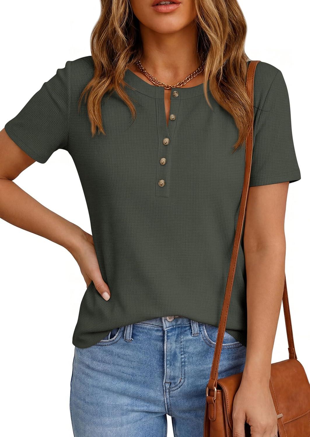 imagePRETTYGARDEN Waffle Knit Tops for Women Short Sleeve Henley Shirts 2026 Summer Blouses Dressy Casual Spring Fashion ClothesArmy Green