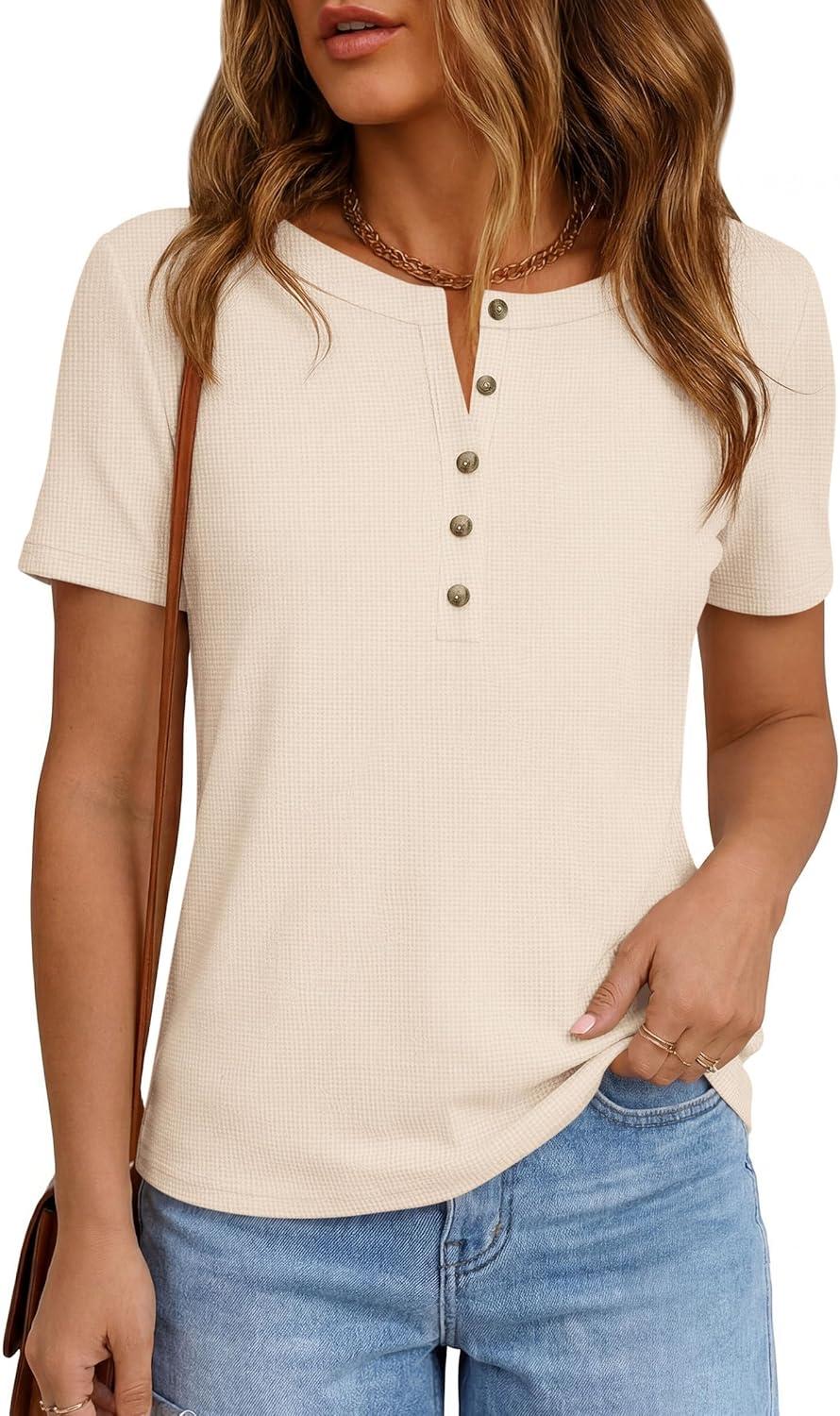 imagePRETTYGARDEN Waffle Knit Tops for Women Short Sleeve Henley Shirts 2026 Summer Blouses Dressy Casual Spring Fashion ClothesBeige