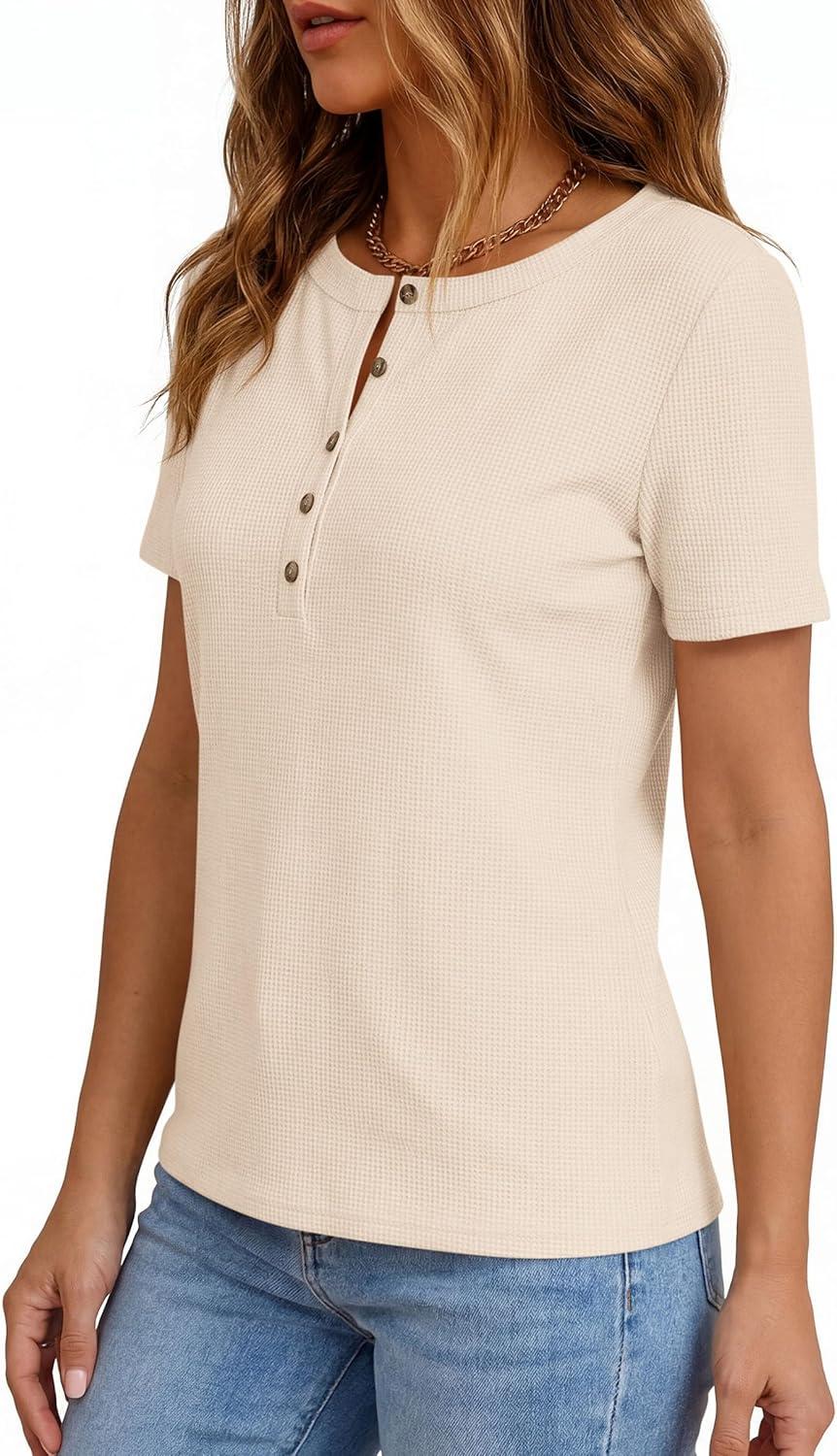 imagePRETTYGARDEN Waffle Knit Tops for Women Short Sleeve Henley Shirts 2026 Summer Blouses Dressy Casual Spring Fashion ClothesBeige