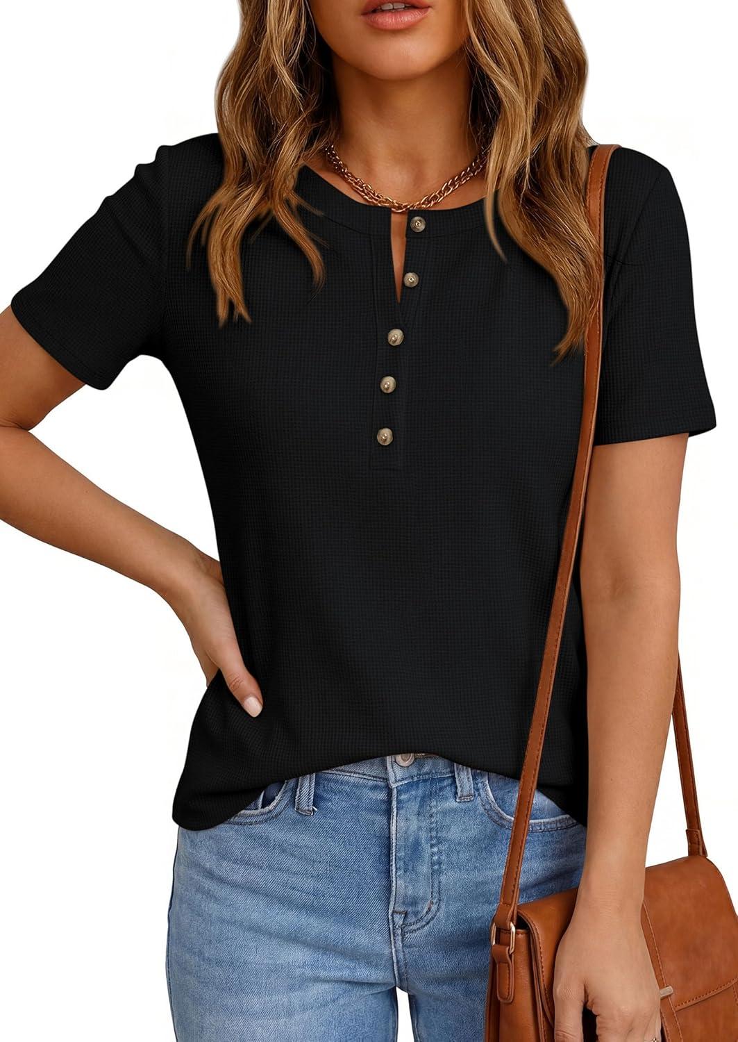 imagePRETTYGARDEN Waffle Knit Tops for Women Short Sleeve Henley Shirts 2026 Summer Blouses Dressy Casual Spring Fashion ClothesBlack