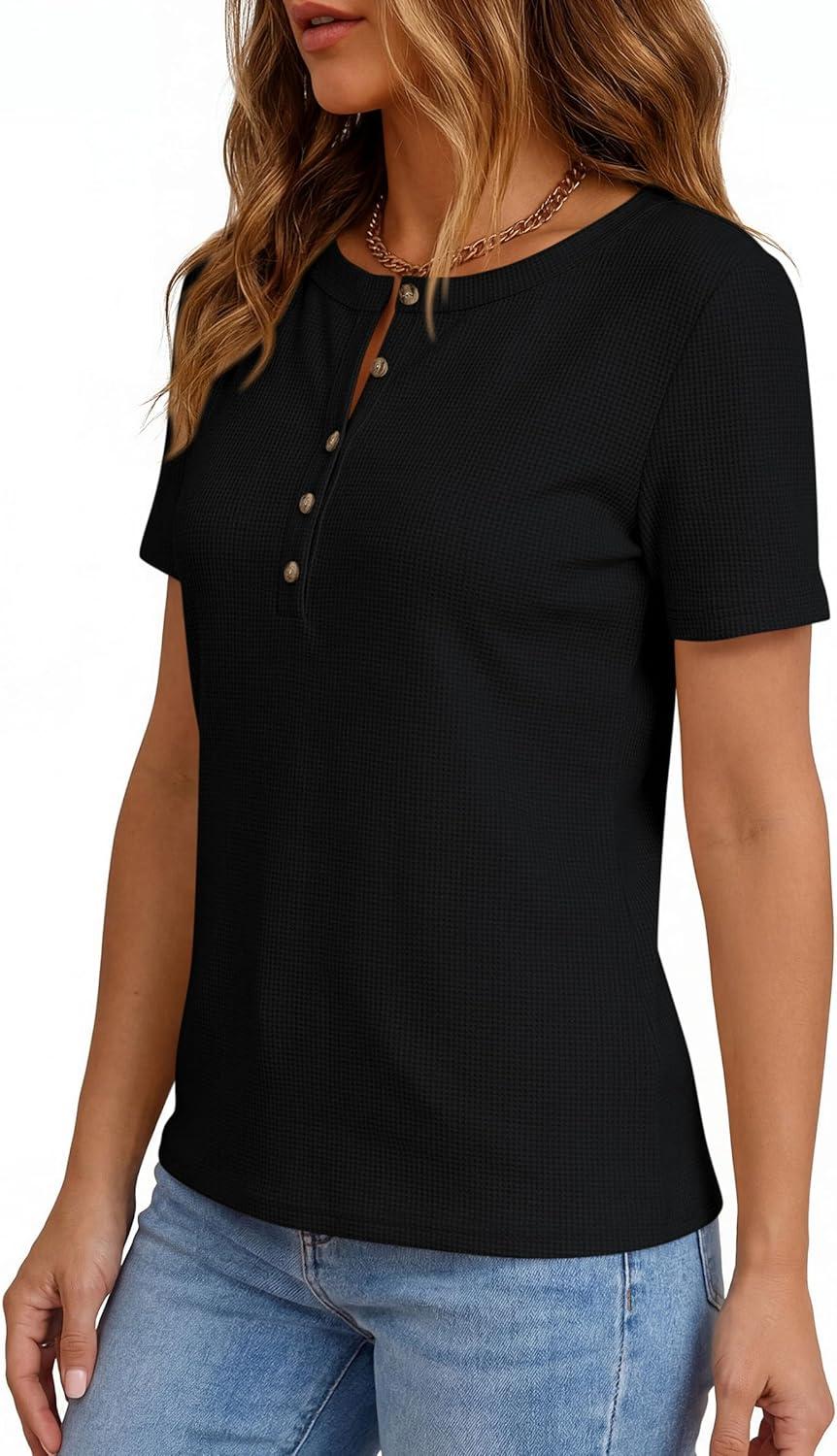 imagePRETTYGARDEN Waffle Knit Tops for Women Short Sleeve Henley Shirts 2026 Summer Blouses Dressy Casual Spring Fashion ClothesBlack