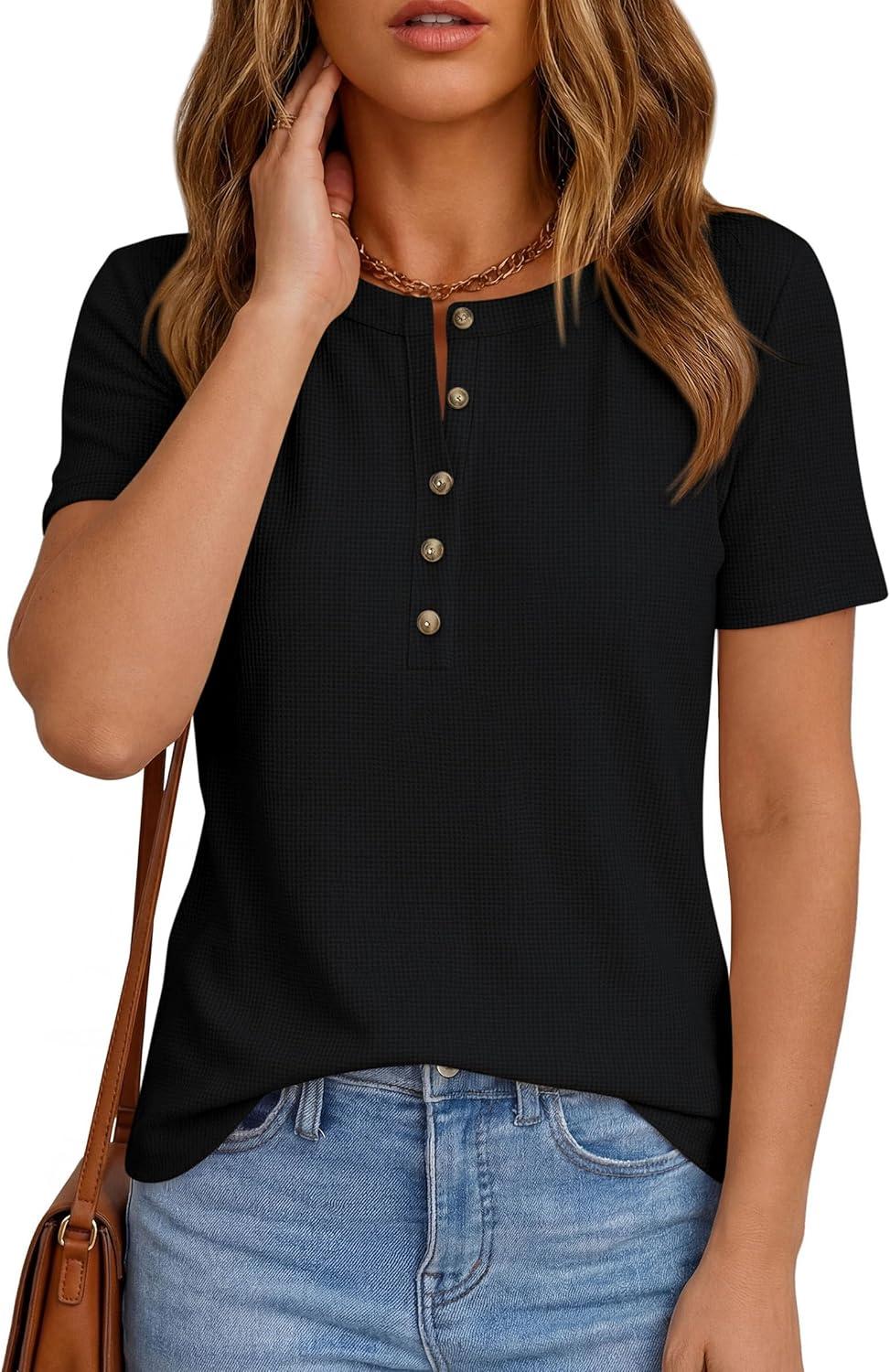 imagePRETTYGARDEN Waffle Knit Tops for Women Short Sleeve Henley Shirts 2026 Summer Blouses Dressy Casual Spring Fashion ClothesBlack